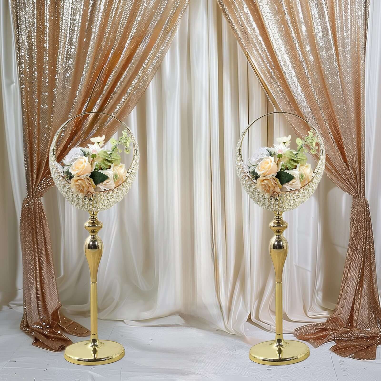 Metal Crystal Beaded Candle Holder Stand 3ft Tall - Half Moon Basket Design Gold Wedding Flower Centerpiece with Round Stable Base - Image 10