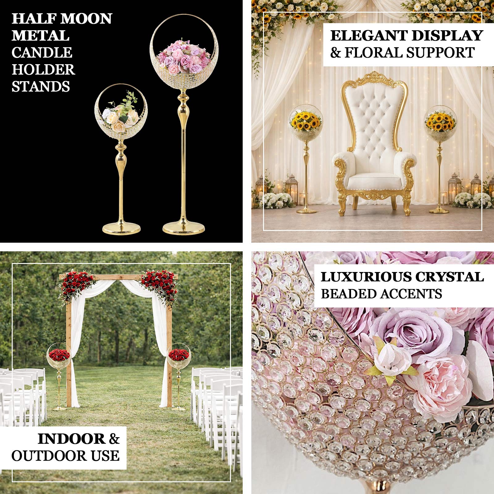 Metal Crystal Beaded Candle Holder Stand 3ft Tall - Half Moon Basket Design Gold Wedding Flower Centerpiece with Round Stable Base - Image 4