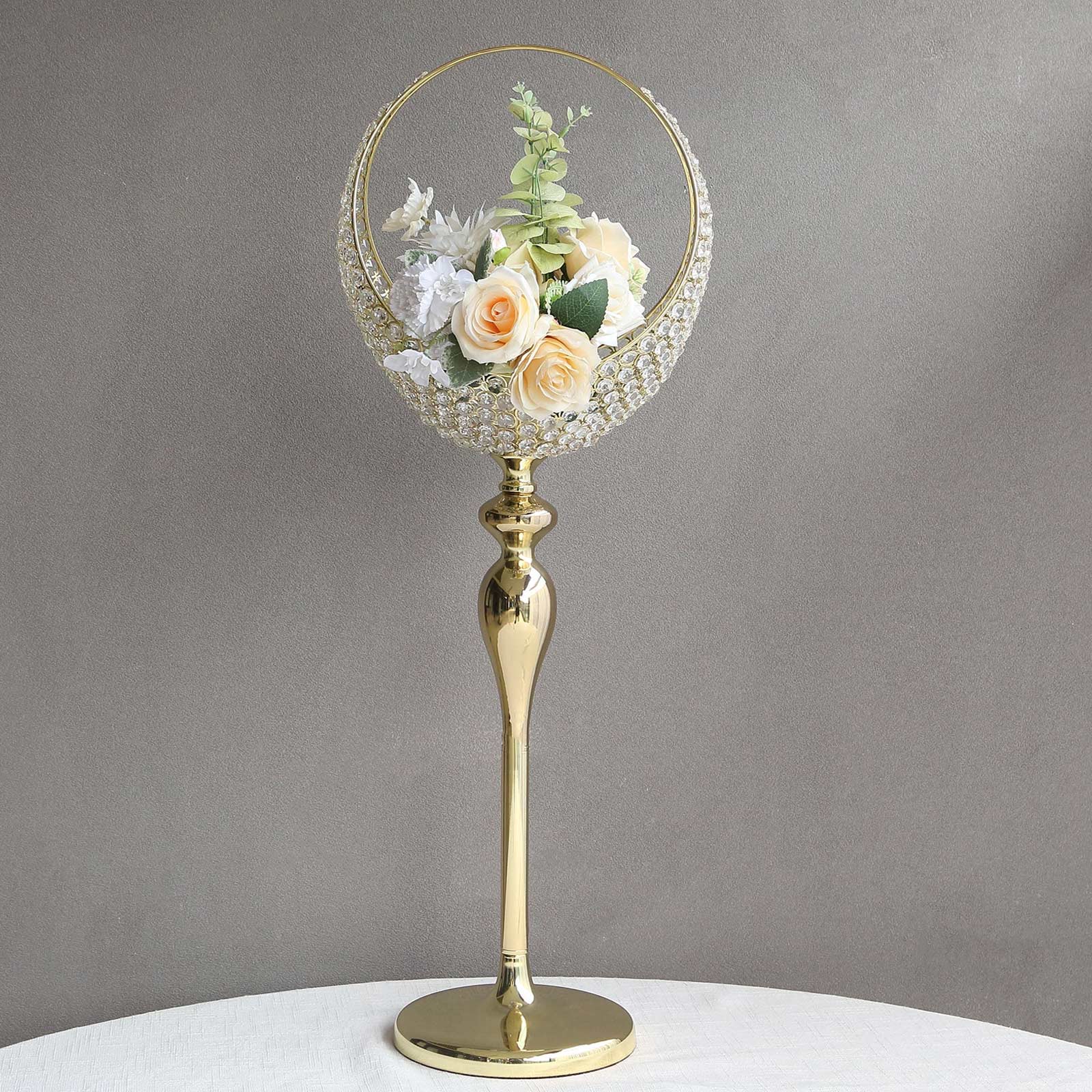 Metal Crystal Beaded Candle Holder Stand 3ft Tall - Half Moon Basket Design Gold Wedding Flower Centerpiece with Round Stable Base - Image 6