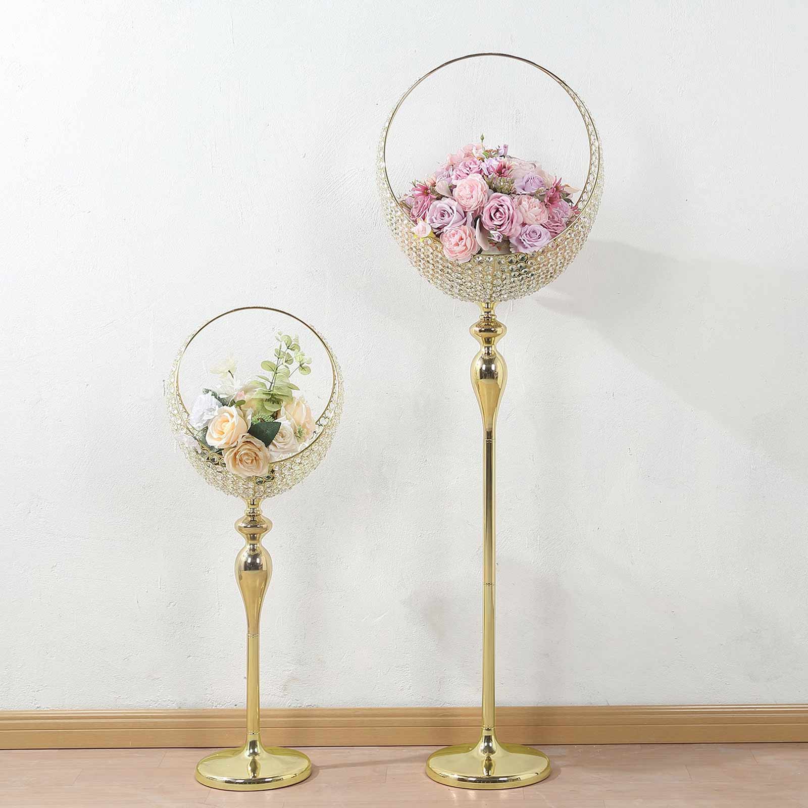 Metal Crystal Beaded Candle Holder Stand 3ft Tall - Half Moon Basket Design Gold Wedding Flower Centerpiece with Round Stable Base - Image 7
