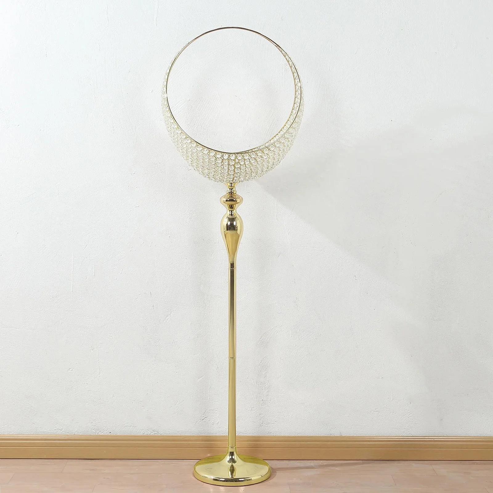 Metal Crystal Beaded Candle Holder Stand 4.5ft Tall - Half Moon Basket Design Gold Wedding Flower Centerpiece with Round Stable Base