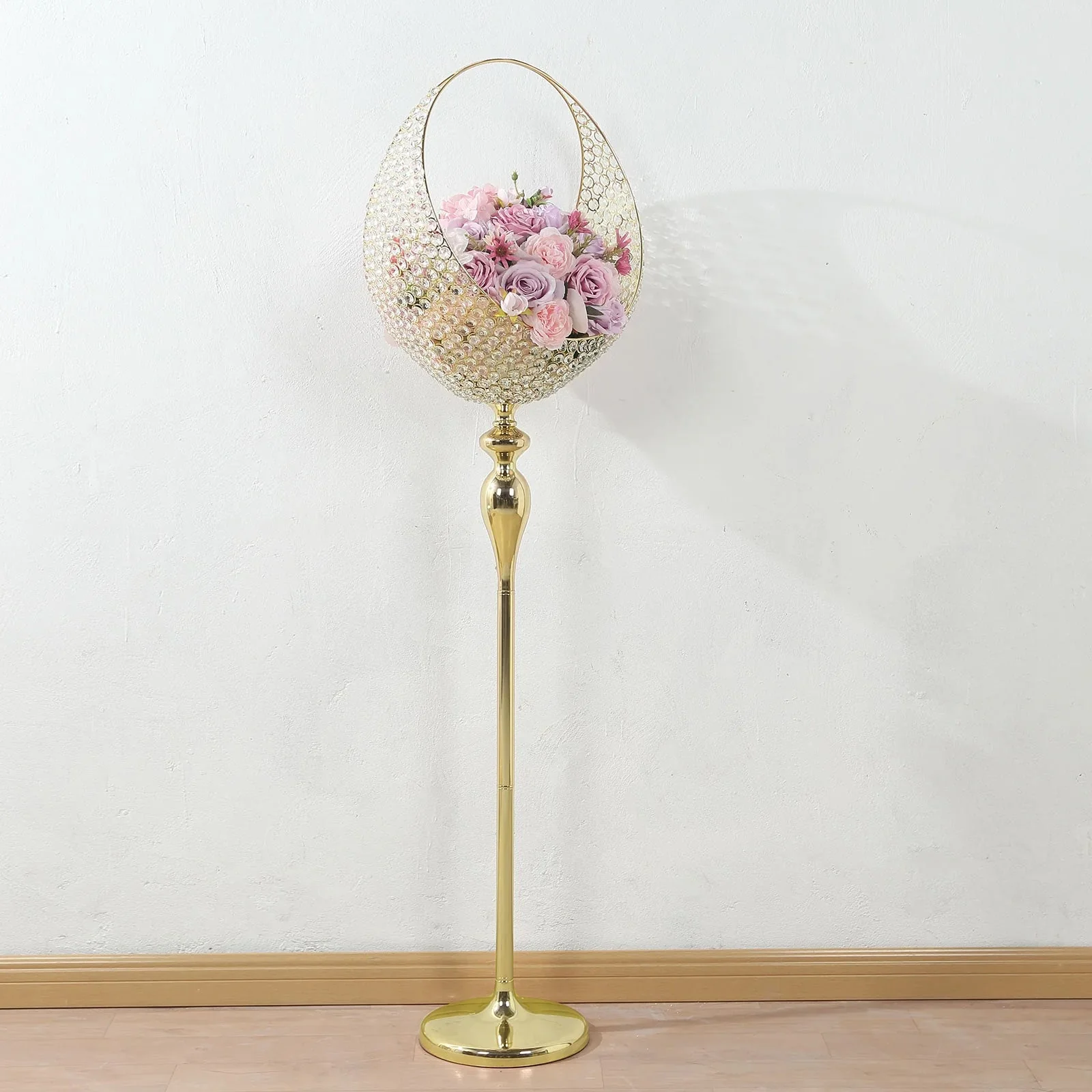 Metal Crystal Beaded Candle Holder Stand 4.5ft Tall - Half Moon Basket Design Gold Wedding Flower Centerpiece with Round Stable Base - Image 10