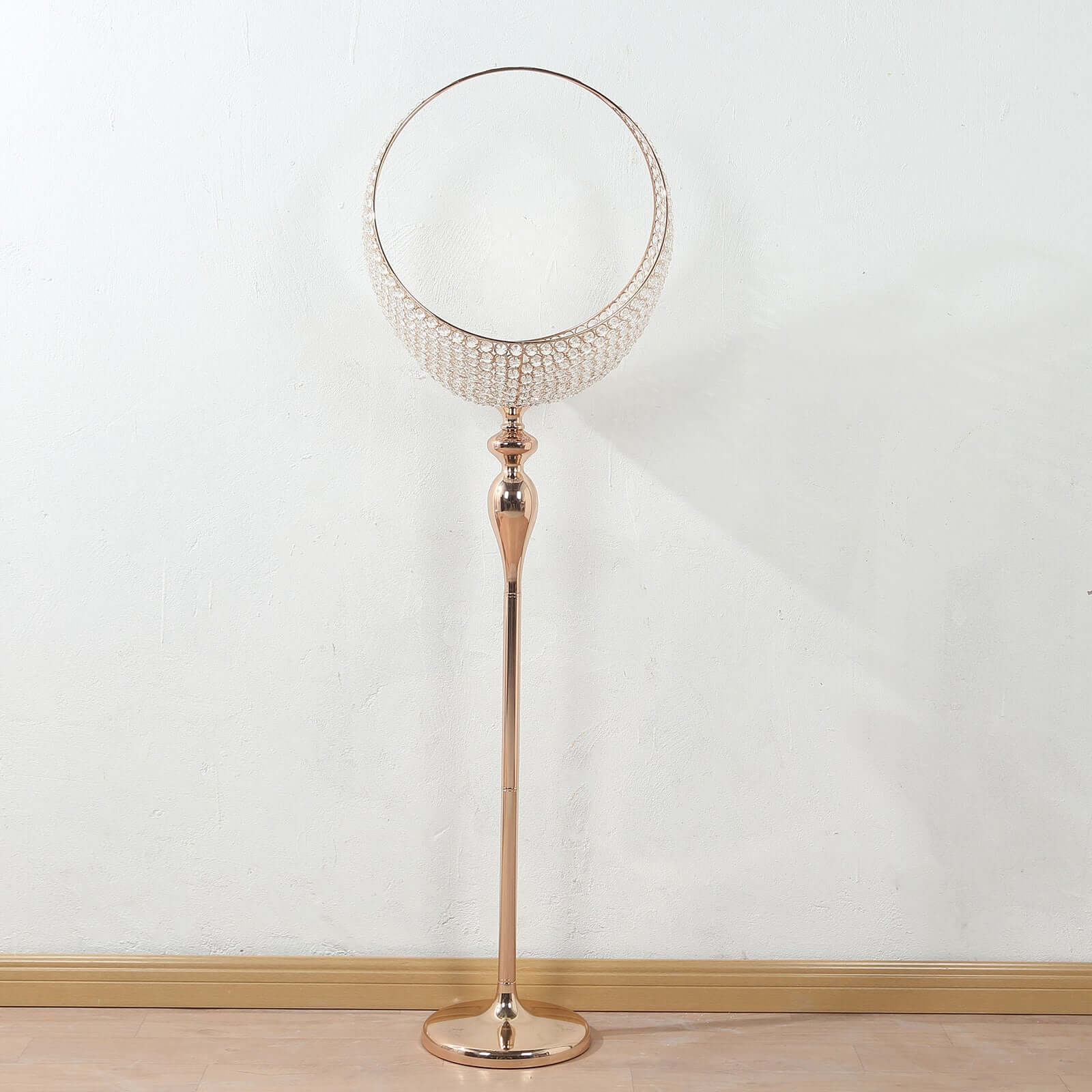 Metal Crystal Beaded Candle Holder Stand 4.5ft Tall - Half Moon Basket Design Gold Wedding Flower Centerpiece with Round Stable Base - Image 6