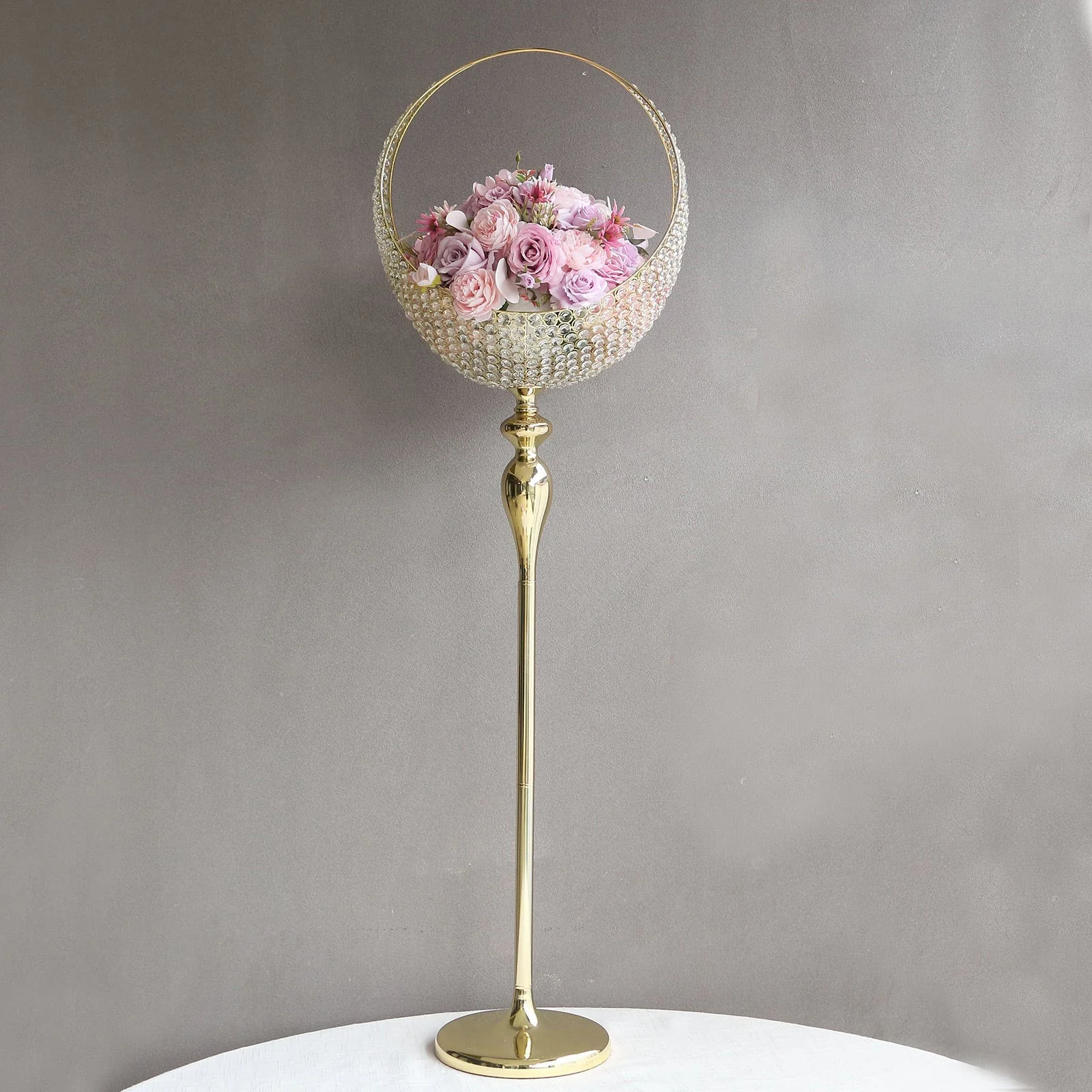 Metal Crystal Beaded Candle Holder Stand 4.5ft Tall - Half Moon Basket Design Gold Wedding Flower Centerpiece with Round Stable Base - Image 7