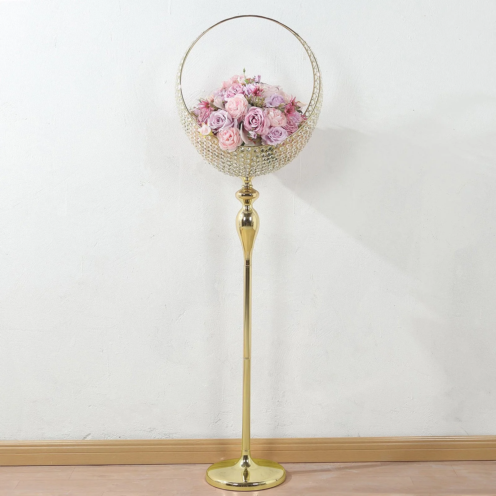 Metal Crystal Beaded Candle Holder Stand 4.5ft Tall - Half Moon Basket Design Gold Wedding Flower Centerpiece with Round Stable Base - Image 9