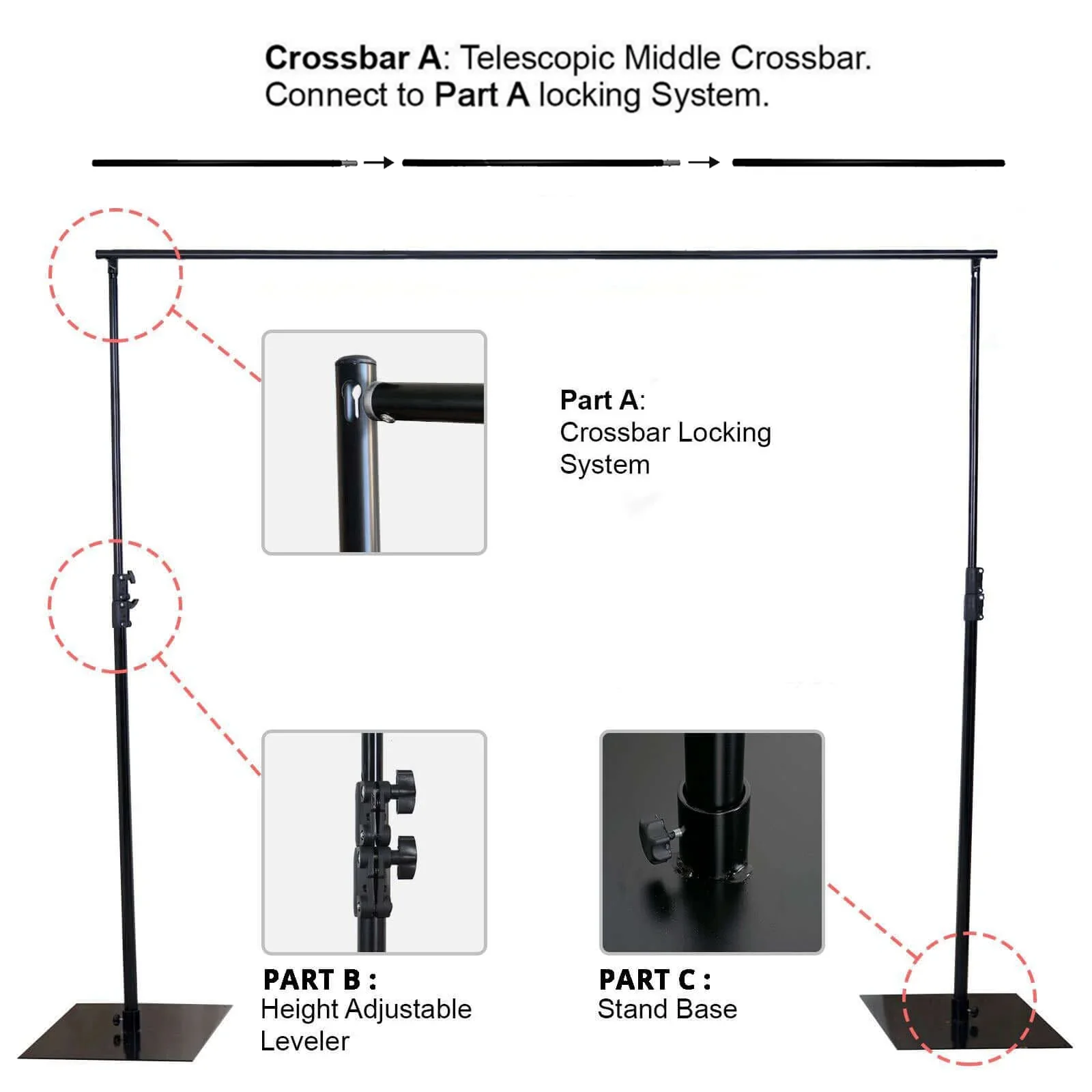 10ft Metal DIY Adjustable Heavy Duty Backdrop Stand Kit - Steel Base - Image 8