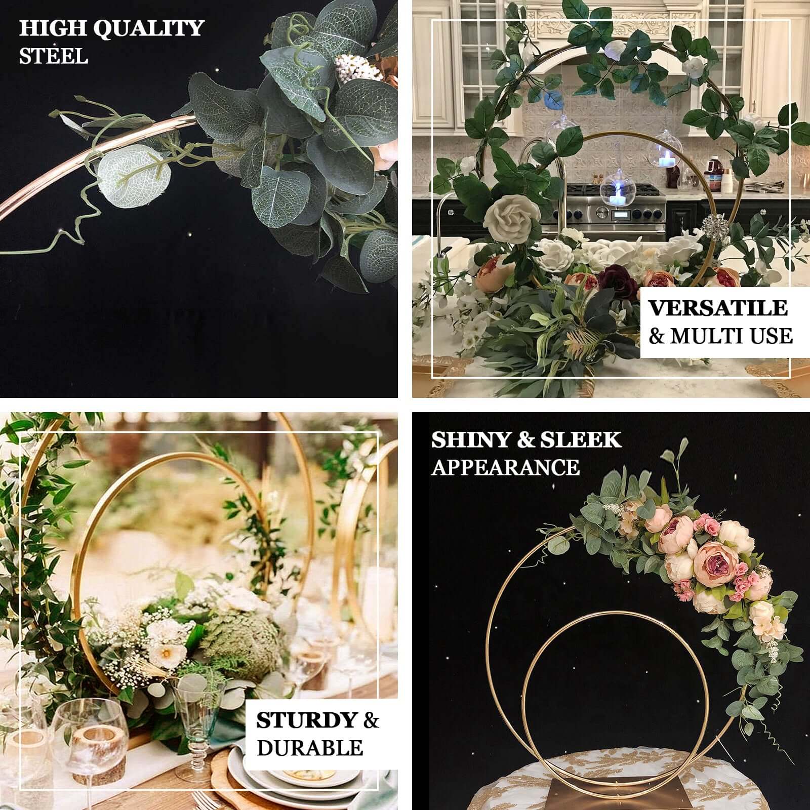Metal Double Hoop Wedding Centerpiece Gold 24" & 16" - Flower Stand for Events & Table Decor - Image 4