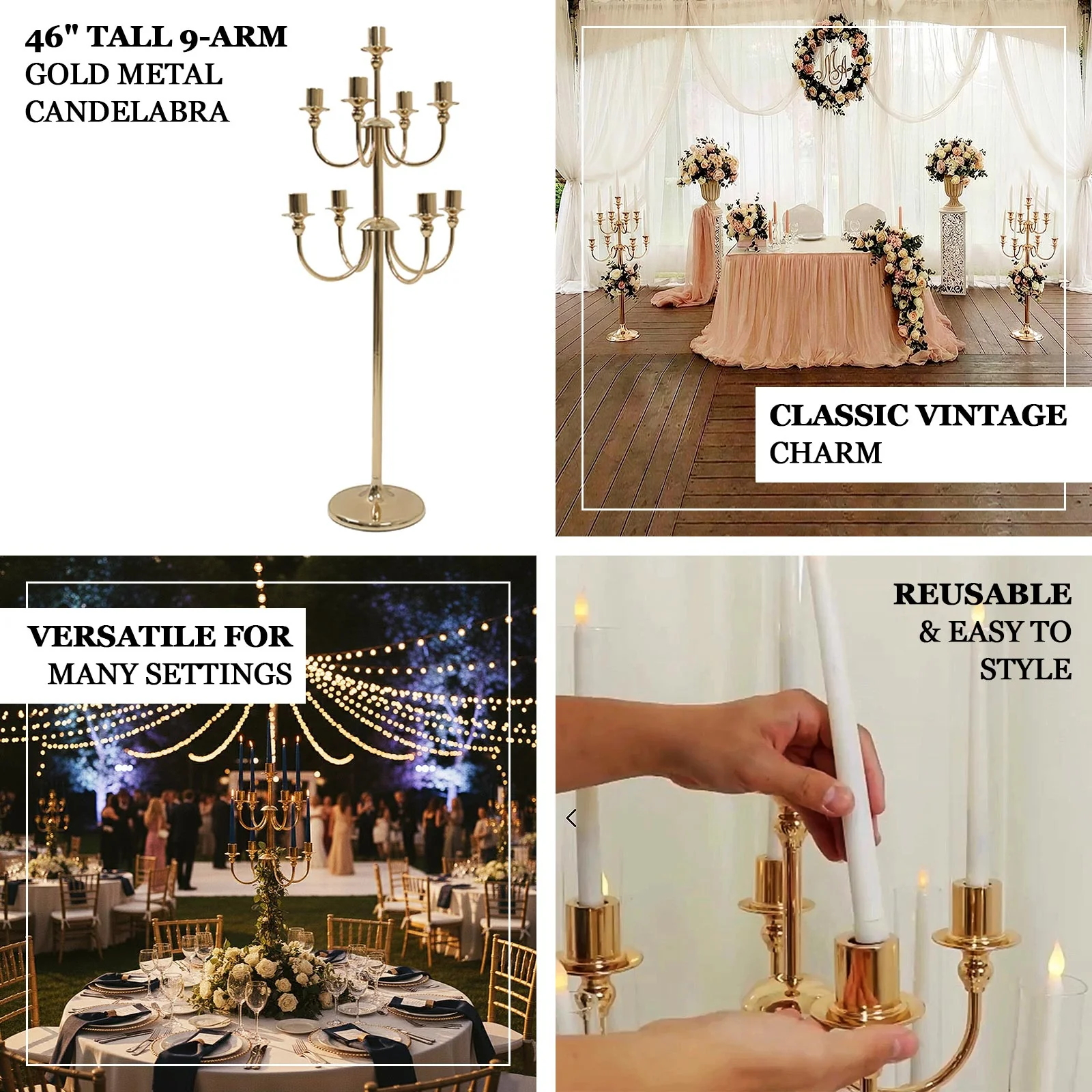 Metal Floor Candelabra Candle Holder 46" Tall - 9-Arm Gold Vintage Taper Candlestick Stand Table Centerpiece for Weddings & Parties - Image 3
