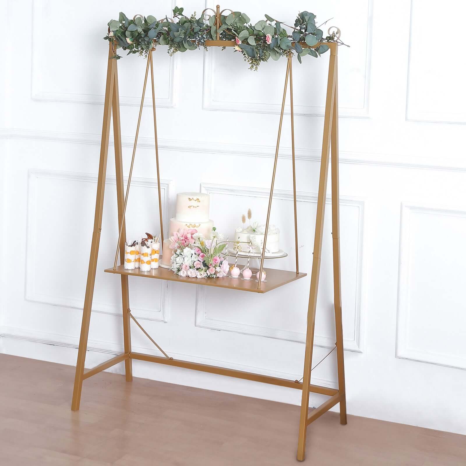 Metal Floor Swing Cake Stand 6ft Gold - Unique Hanging Dessert Display Serving Station for Stylish Celebrations