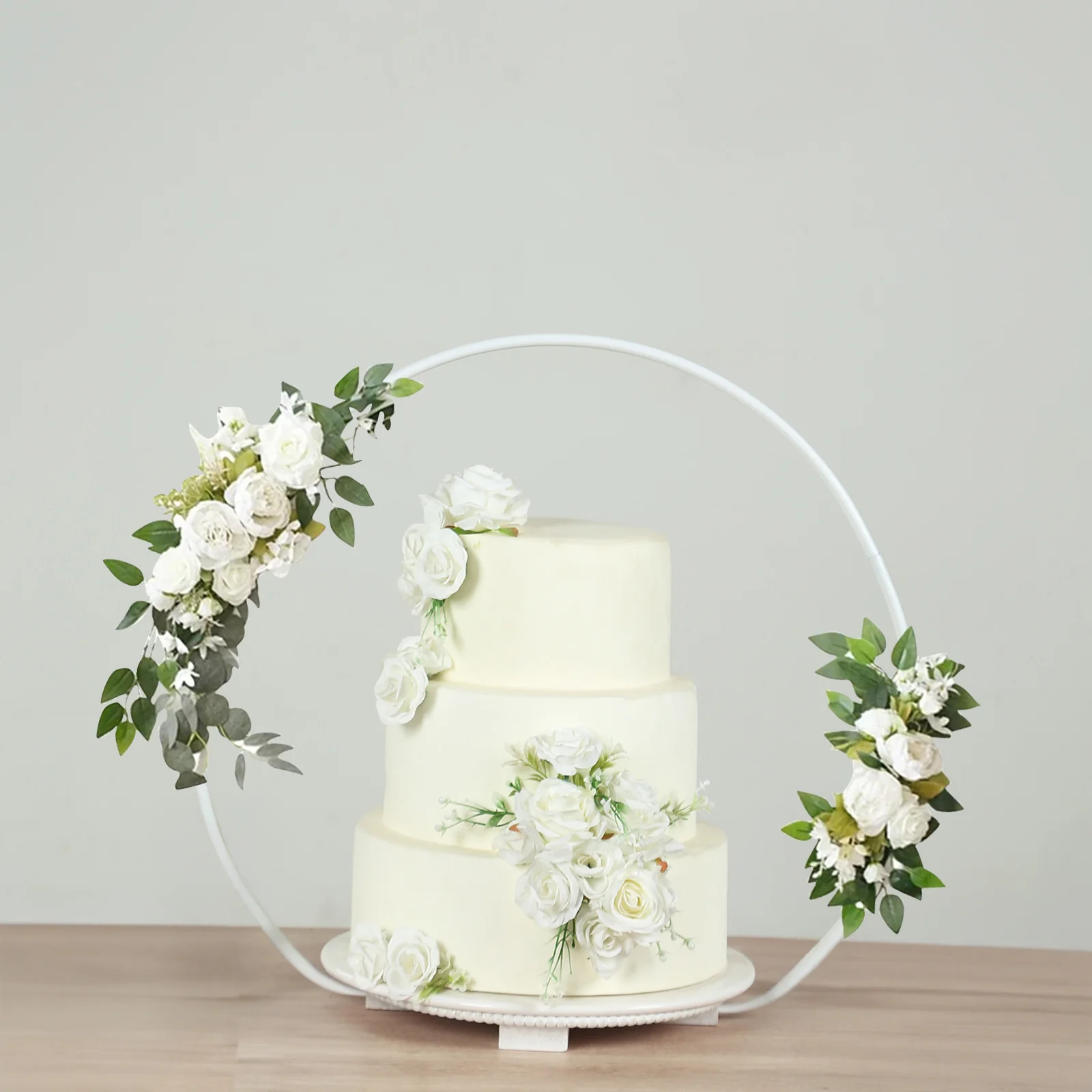Metal Round Floral Hoop Cake Stand 22" Whitewash with Beaded Wooden Base - Dessert Display Table Centerpiece Stand