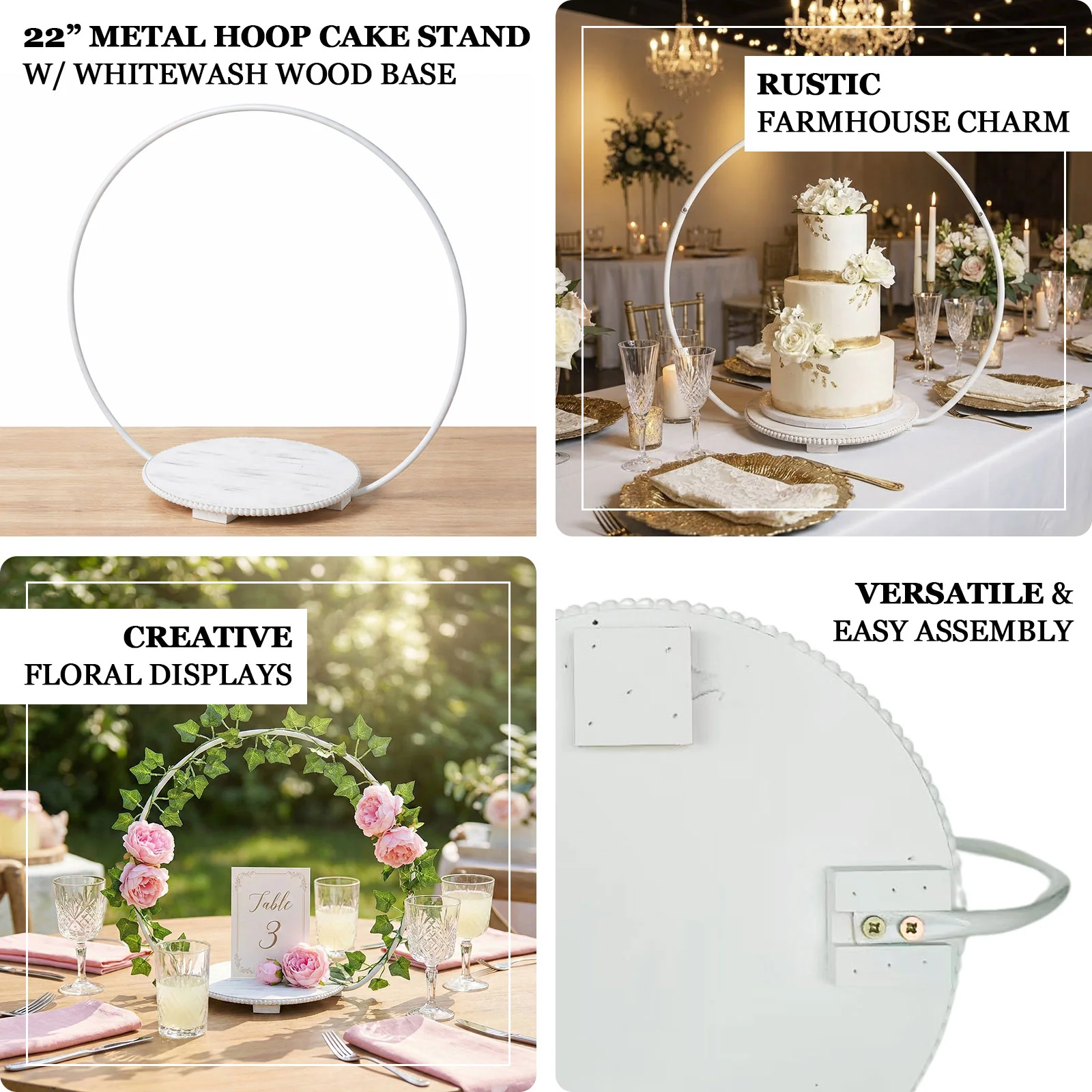Metal Round Floral Hoop Cake Stand 22" Whitewash with Beaded Wooden Base - Dessert Display Table Centerpiece Stand - Image 3
