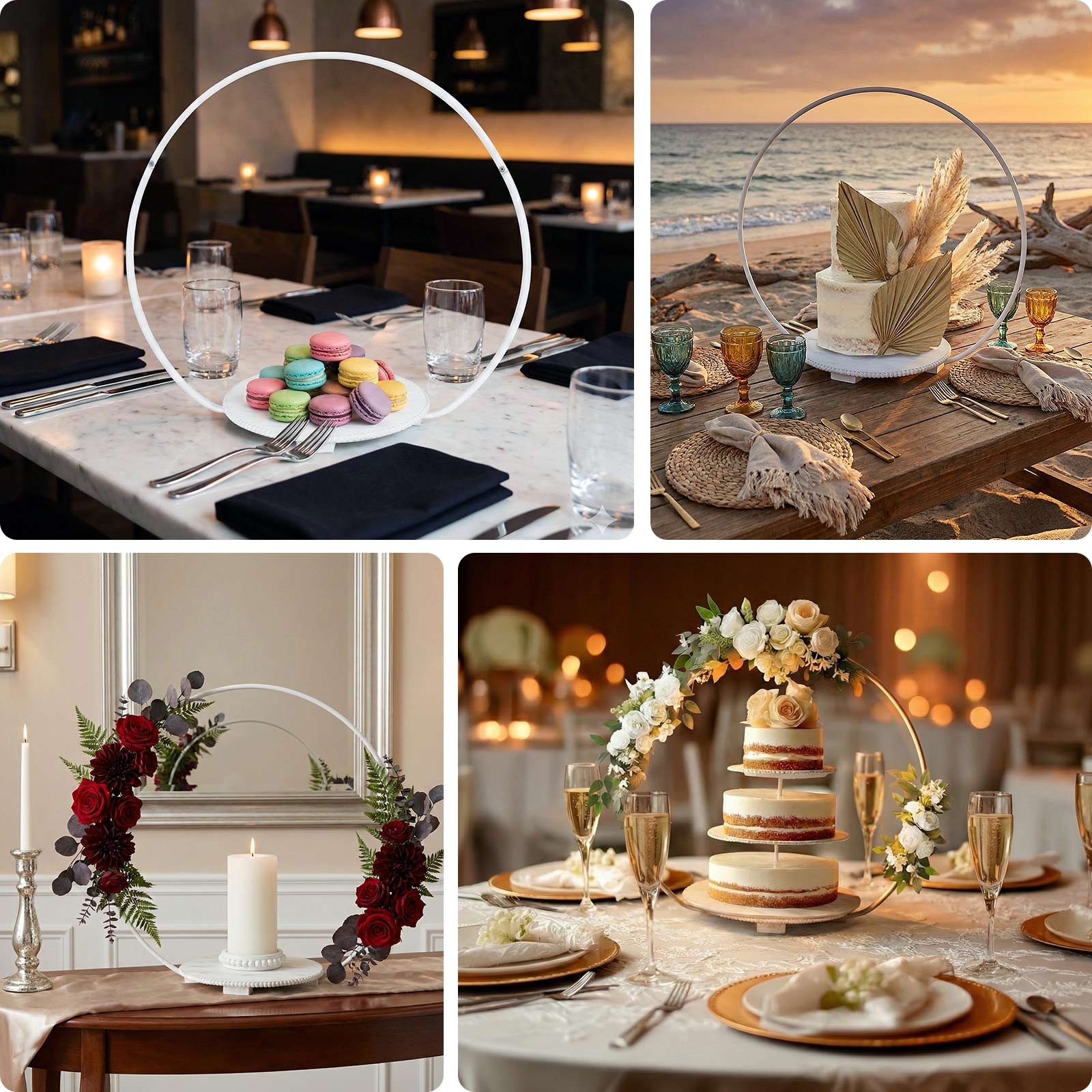 Metal Round Floral Hoop Cake Stand 22" Whitewash with Beaded Wooden Base - Dessert Display Table Centerpiece Stand - Image 4
