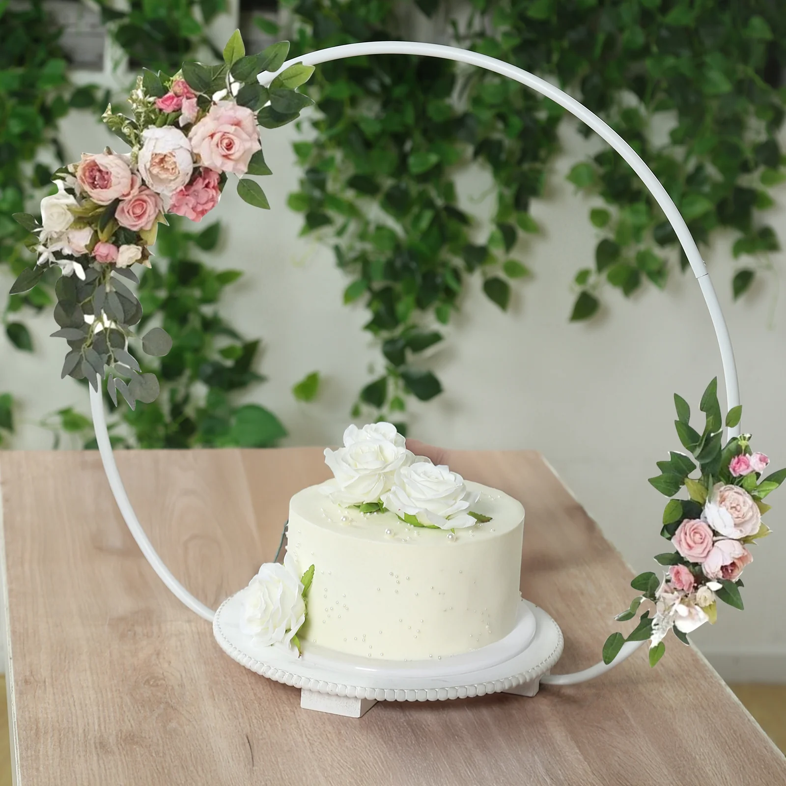 Metal Round Floral Hoop Cake Stand 22" Whitewash with Beaded Wooden Base - Dessert Display Table Centerpiece Stand - Image 5