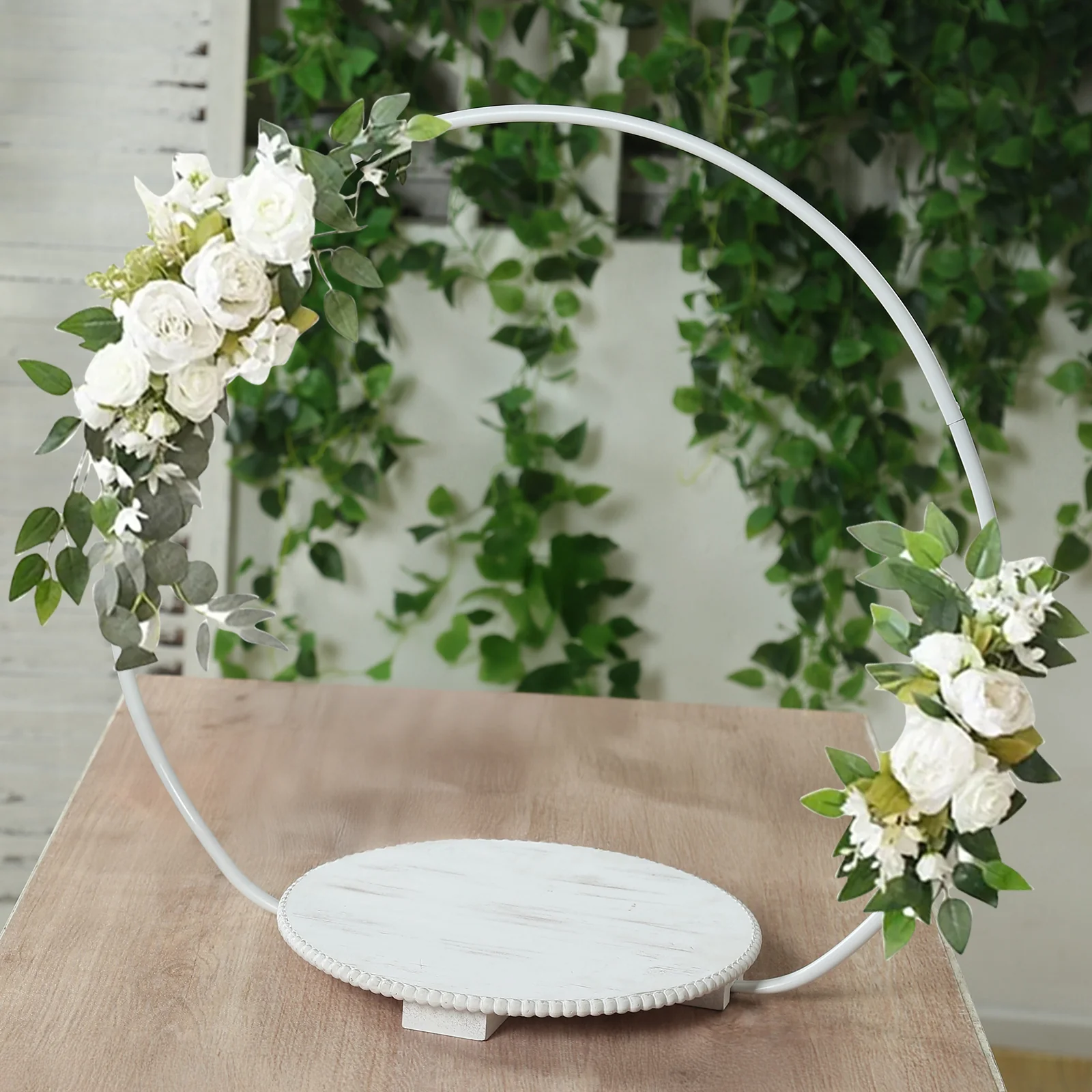 Metal Round Floral Hoop Cake Stand 22" Whitewash with Beaded Wooden Base - Dessert Display Table Centerpiece Stand - Image 8