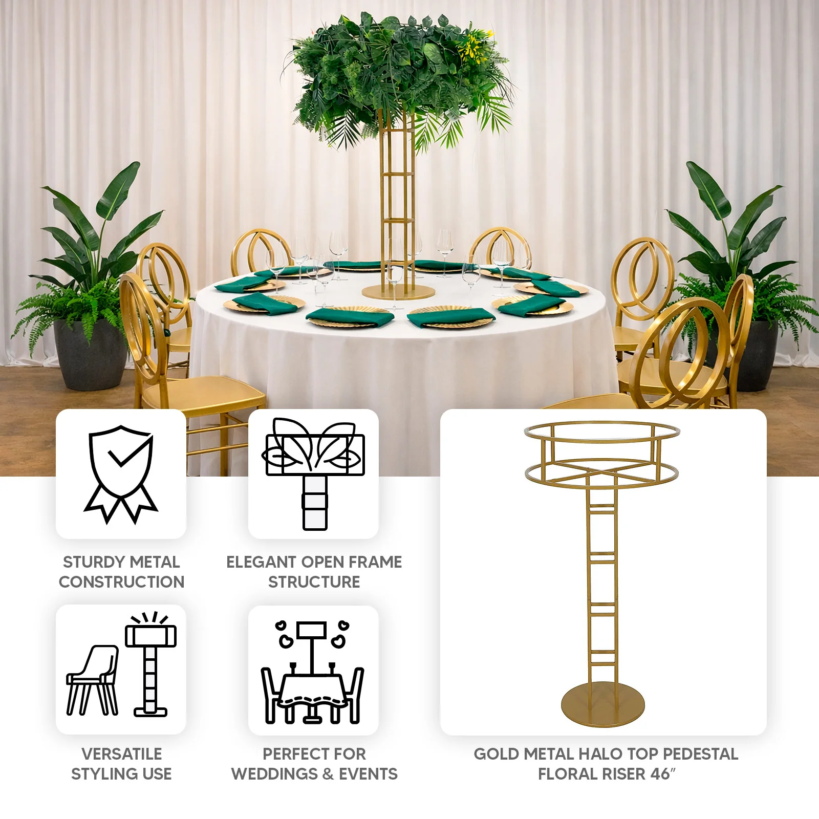 Metal Floral Riser 46" Gold Open Frame Design - Grand Halo Top Wedding Centerpiece Pedestal - Image 4