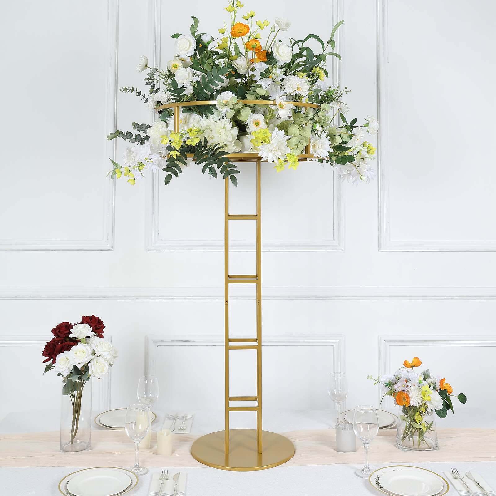Metal Floral Riser 46" Gold Open Frame Design - Grand Halo Top Wedding Centerpiece Pedestal - Image 6