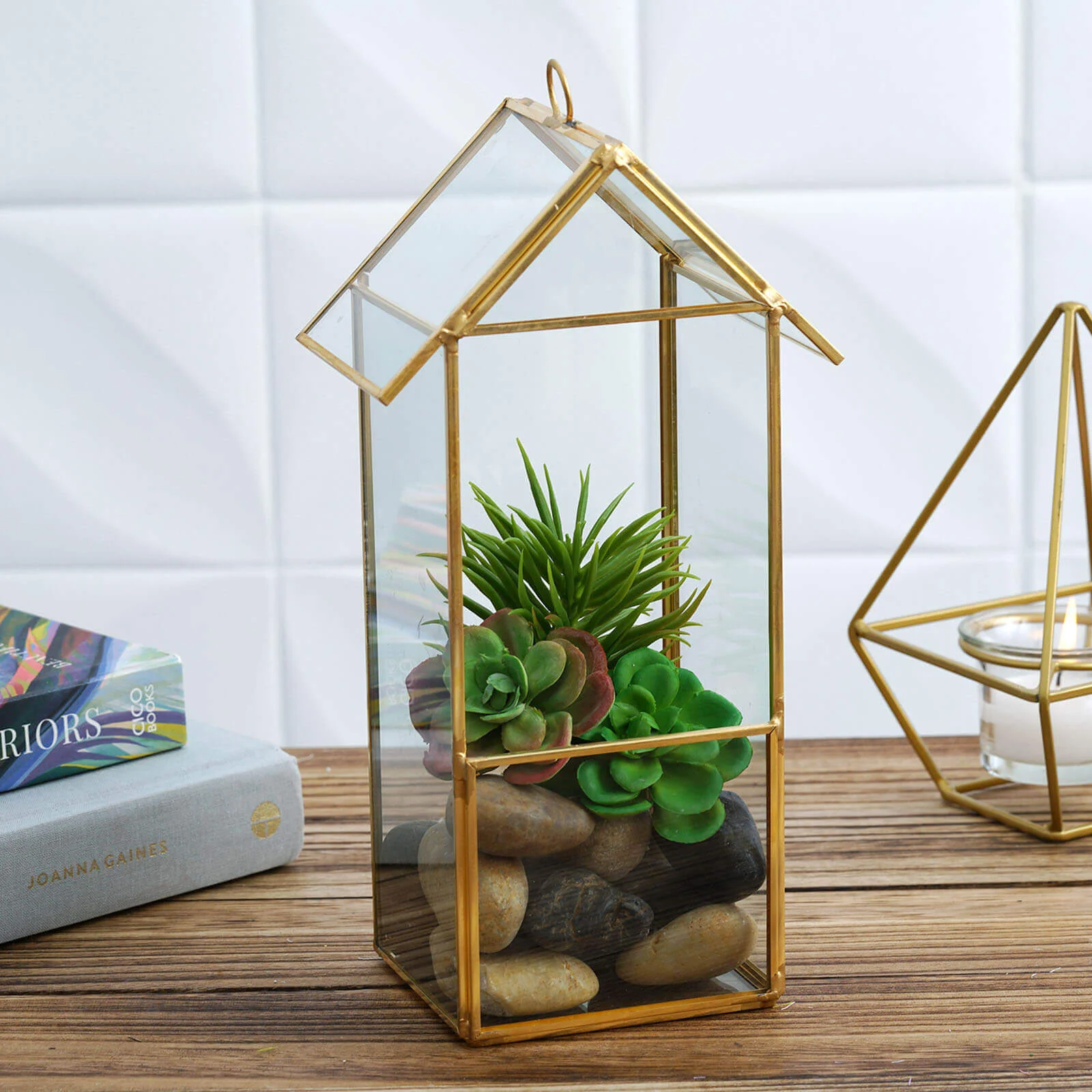 Metal Glass Terrarium 11" House Lantern Design Hanging Gold - Multipurpose Holder for Air Plants & Decor - Image 9