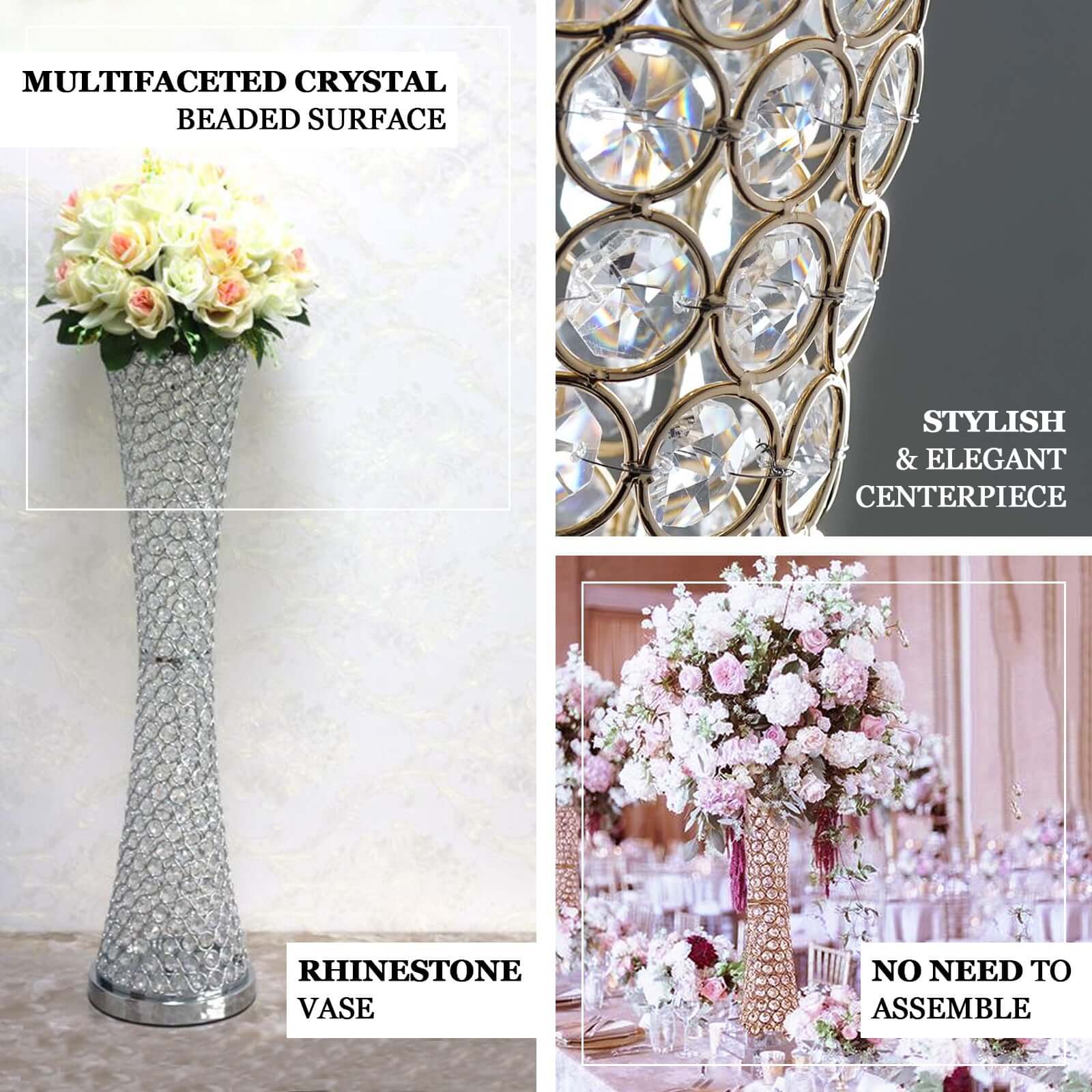 Metal Hurricane Floral Vase Centerpiece 36" Metallic Gold with Crystal Beaded Design - Stylish Event Decor - Image 4