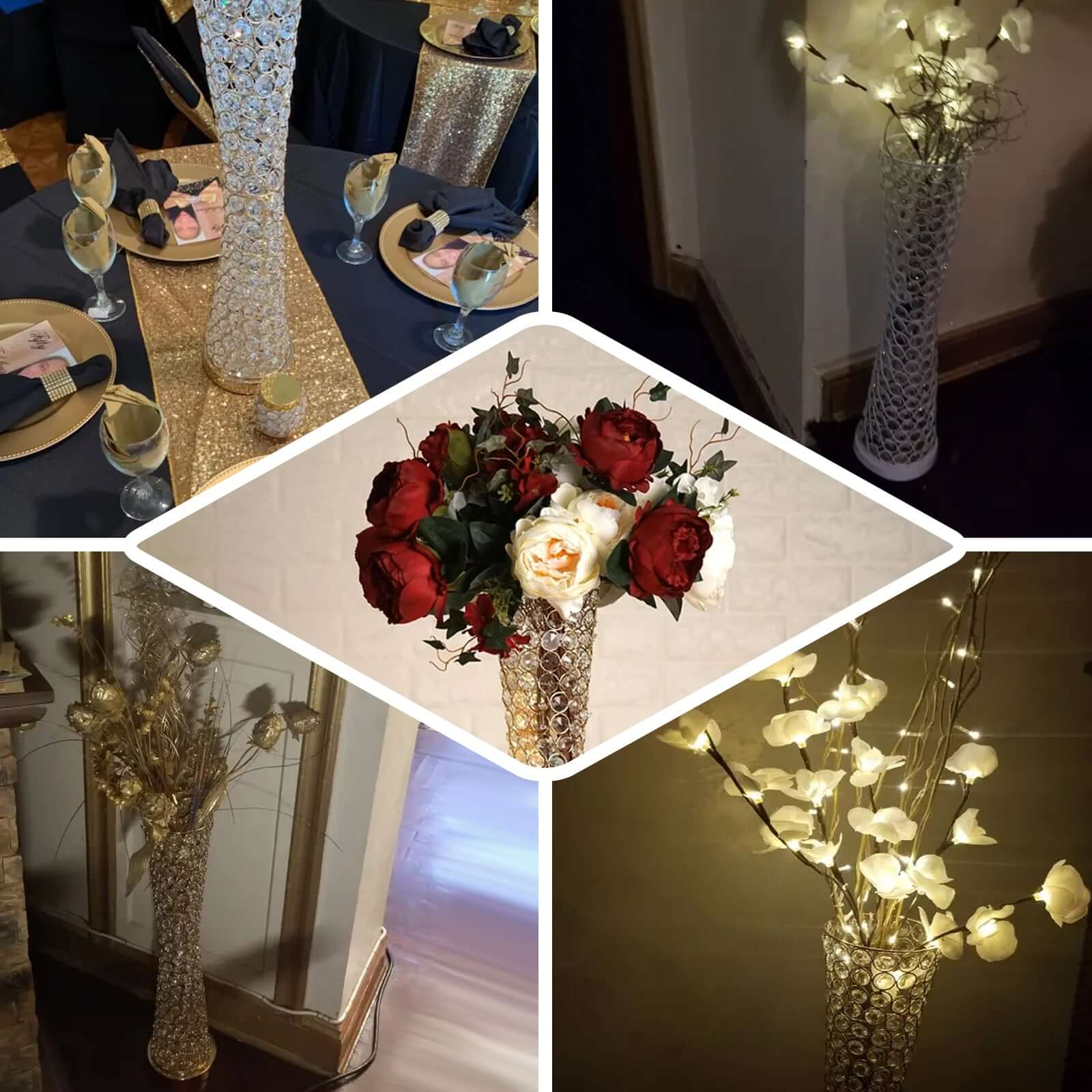 Metal Hurricane Floral Vase Centerpiece 36" Metallic Gold with Crystal Beaded Design - Stylish Event Decor - Image 5