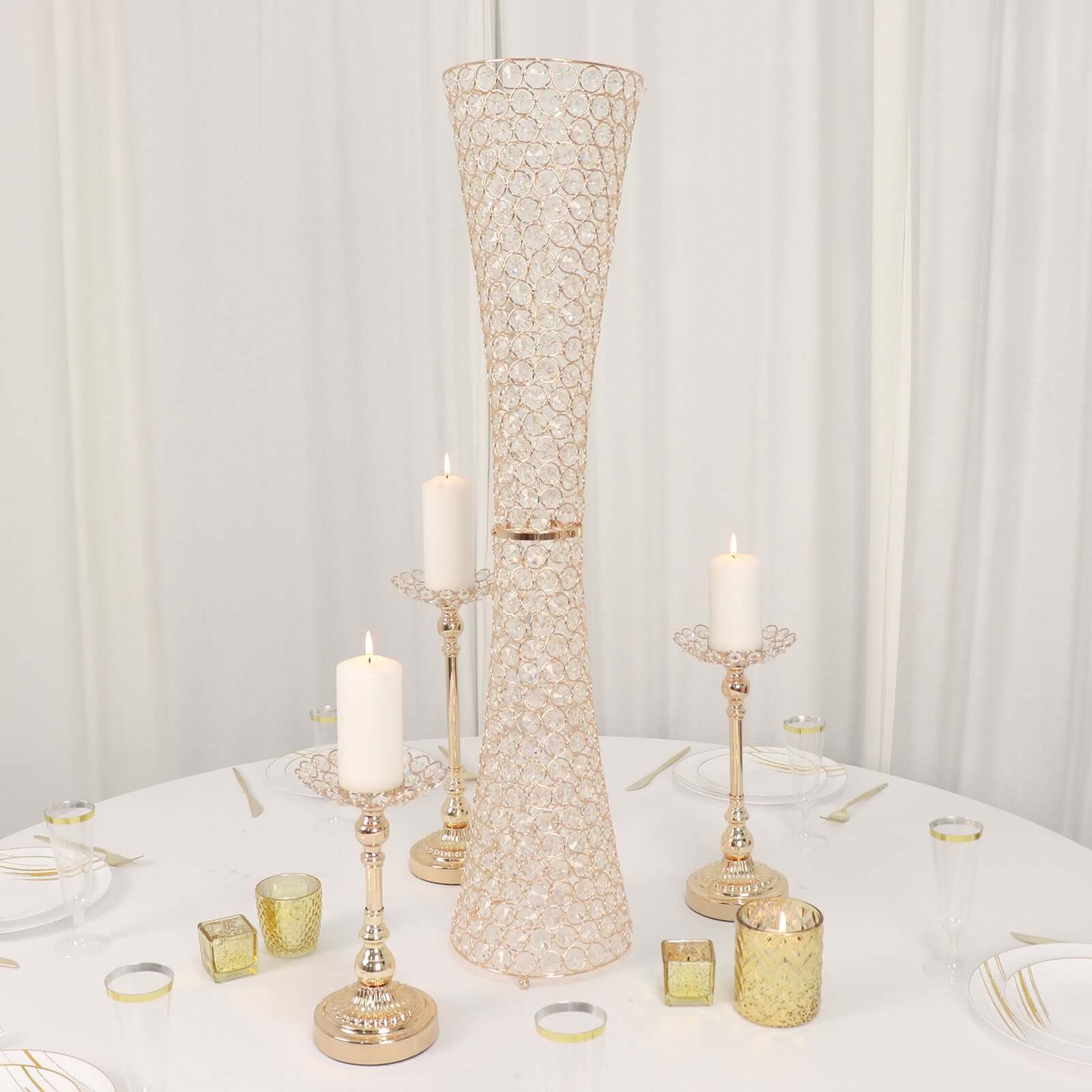 Metal Hurricane Floral Vase Centerpiece 36" Metallic Gold with Crystal Beaded Design - Stylish Event Decor - Image 7