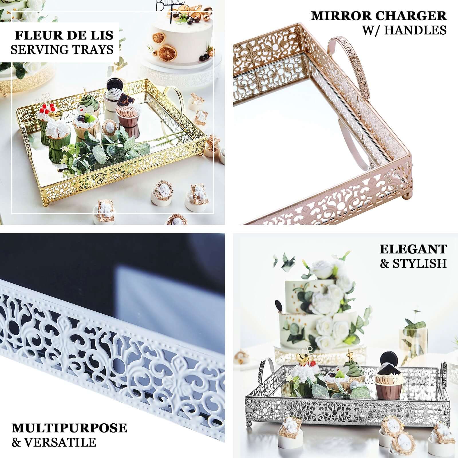 Metal Mirrored Serving Tray 16"x12" Rectangle White Fleur De Lis Design with Handles - French Inspired Decorative Vanity Tray Centerpiece - Image 4