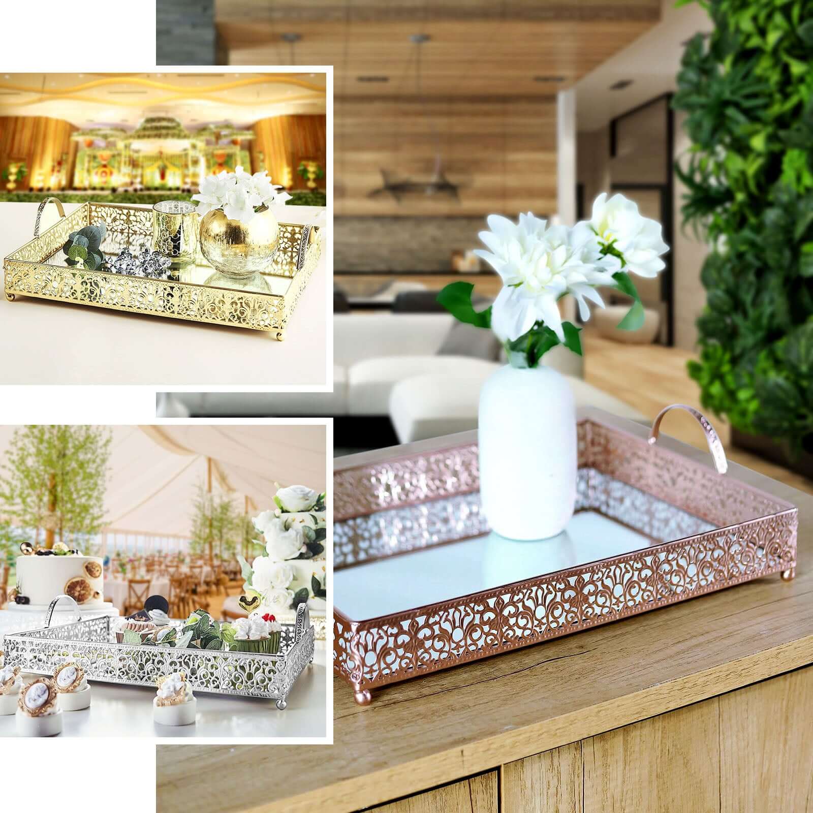 Metal Mirrored Serving Tray 16"x12" Rectangle White Fleur De Lis Design with Handles - French Inspired Decorative Vanity Tray Centerpiece - Image 5