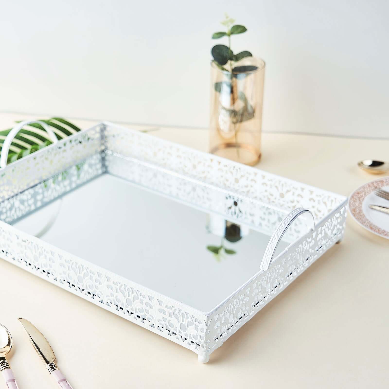 Metal Mirrored Serving Tray 16"x12" Rectangle White Fleur De Lis Design with Handles - French Inspired Decorative Vanity Tray Centerpiece - Image 8