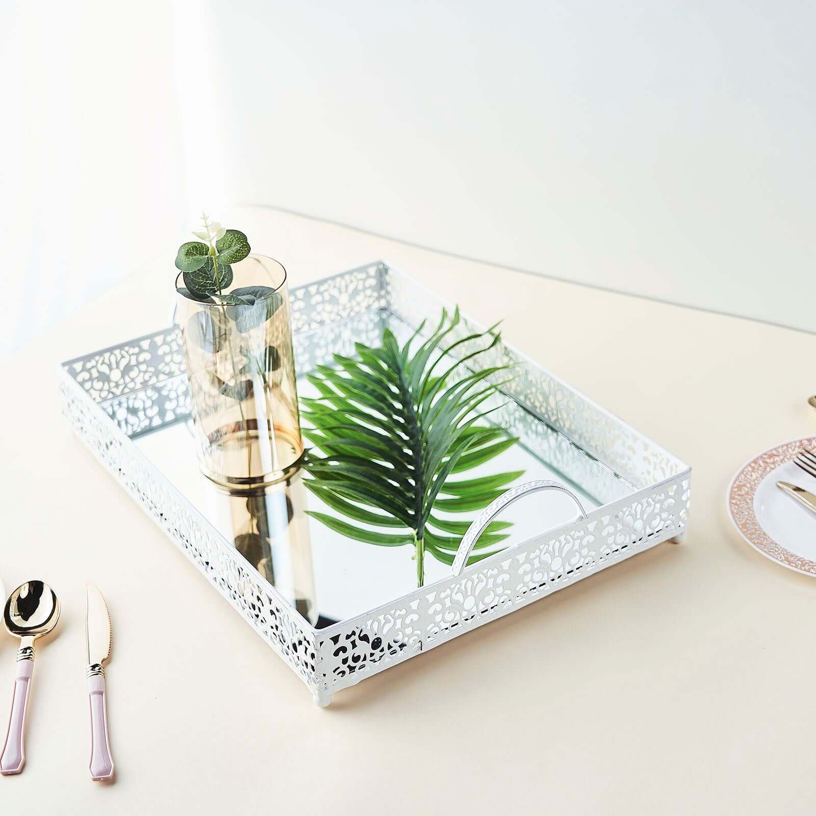 Metal Mirrored Serving Tray 16"x12" Rectangle White Fleur De Lis Design with Handles - French Inspired Decorative Vanity Tray Centerpiece - Image 9