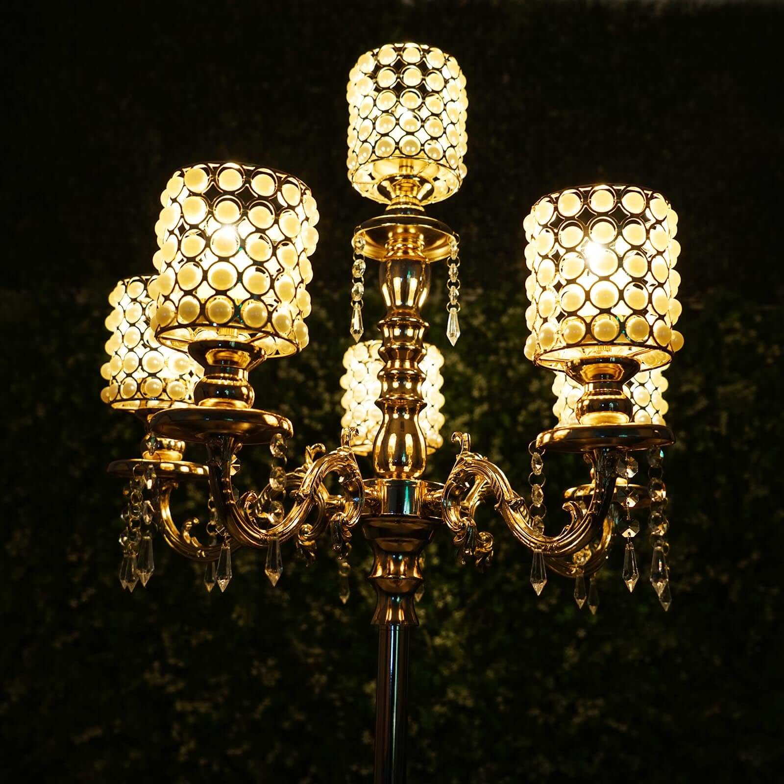 Metal Pearl Beaded Candelabra in Gold 6-Arm with Crystal Chandelier Pendants, Adjustable Table Centerpiece - Image 2