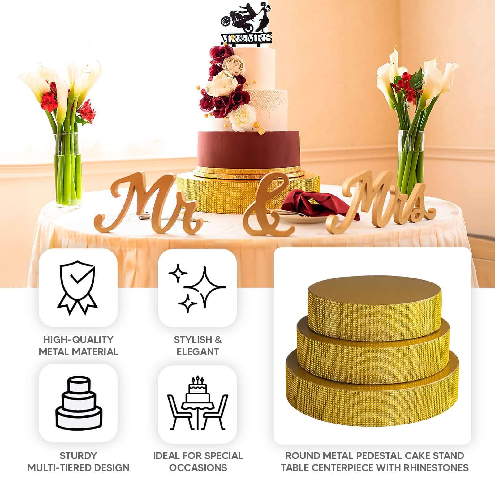 Metal Pedestal Cake Stand 12" Round Design with Rhinestones Gold - Cupcake Holder and Dessert Table Centerpiece - Image 4