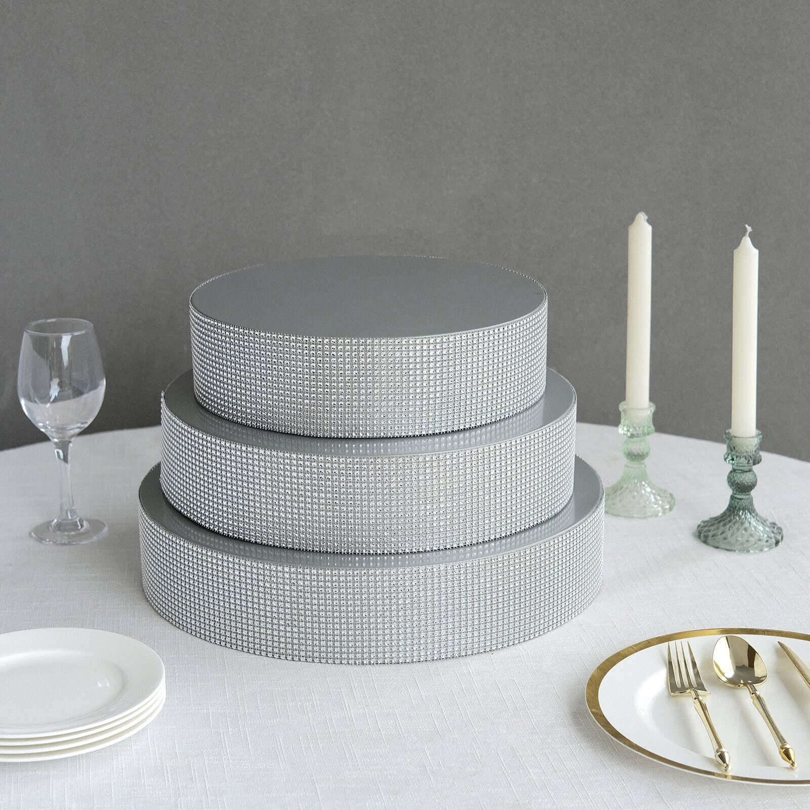 Metal Pedestal Cake Stand 14" Round Design with Rhinestones Silver - Cupcake Holder and Dessert Table Centerpiece - Image 2