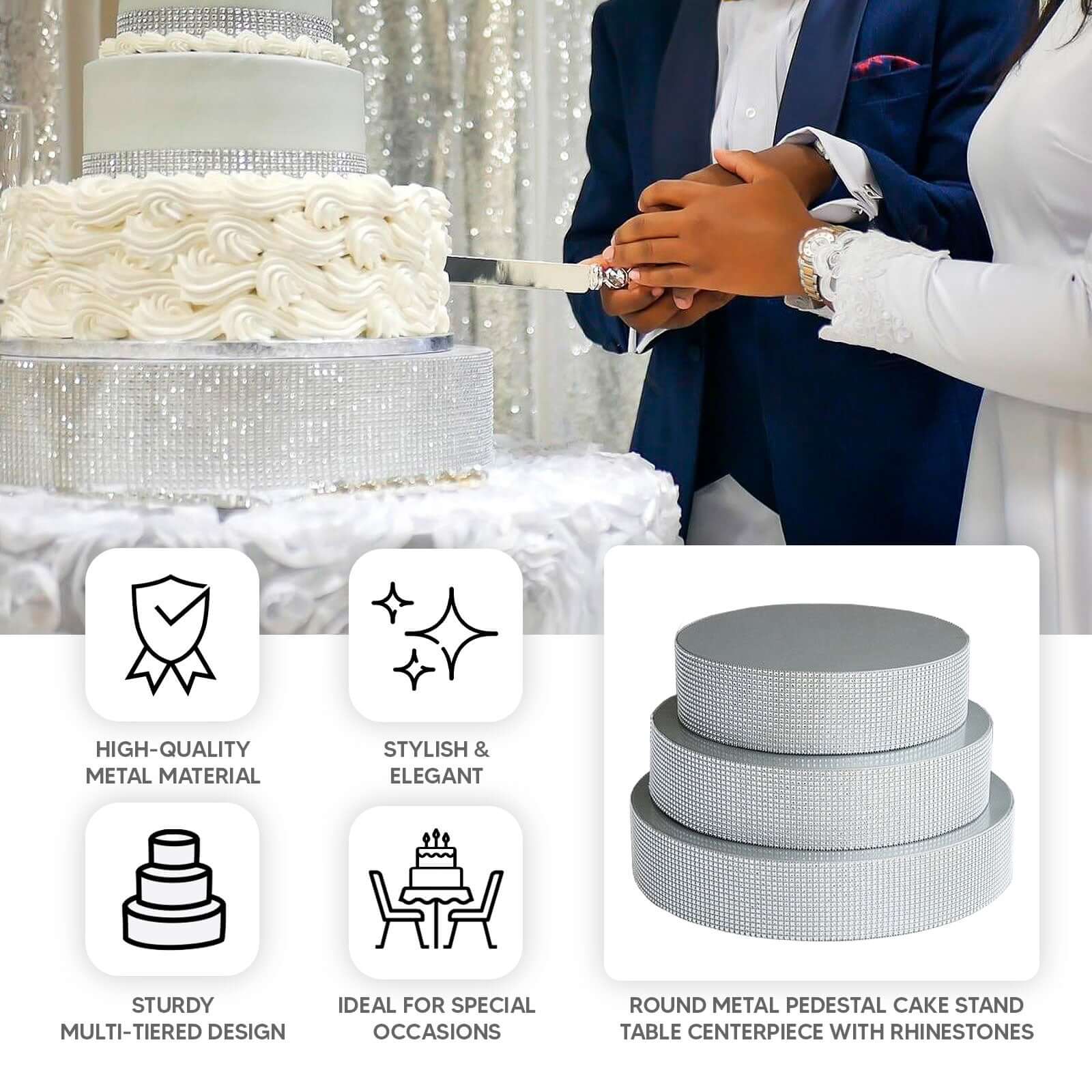 Metal Pedestal Cake Stand 14" Round Design with Rhinestones Silver - Cupcake Holder and Dessert Table Centerpiece - Image 4