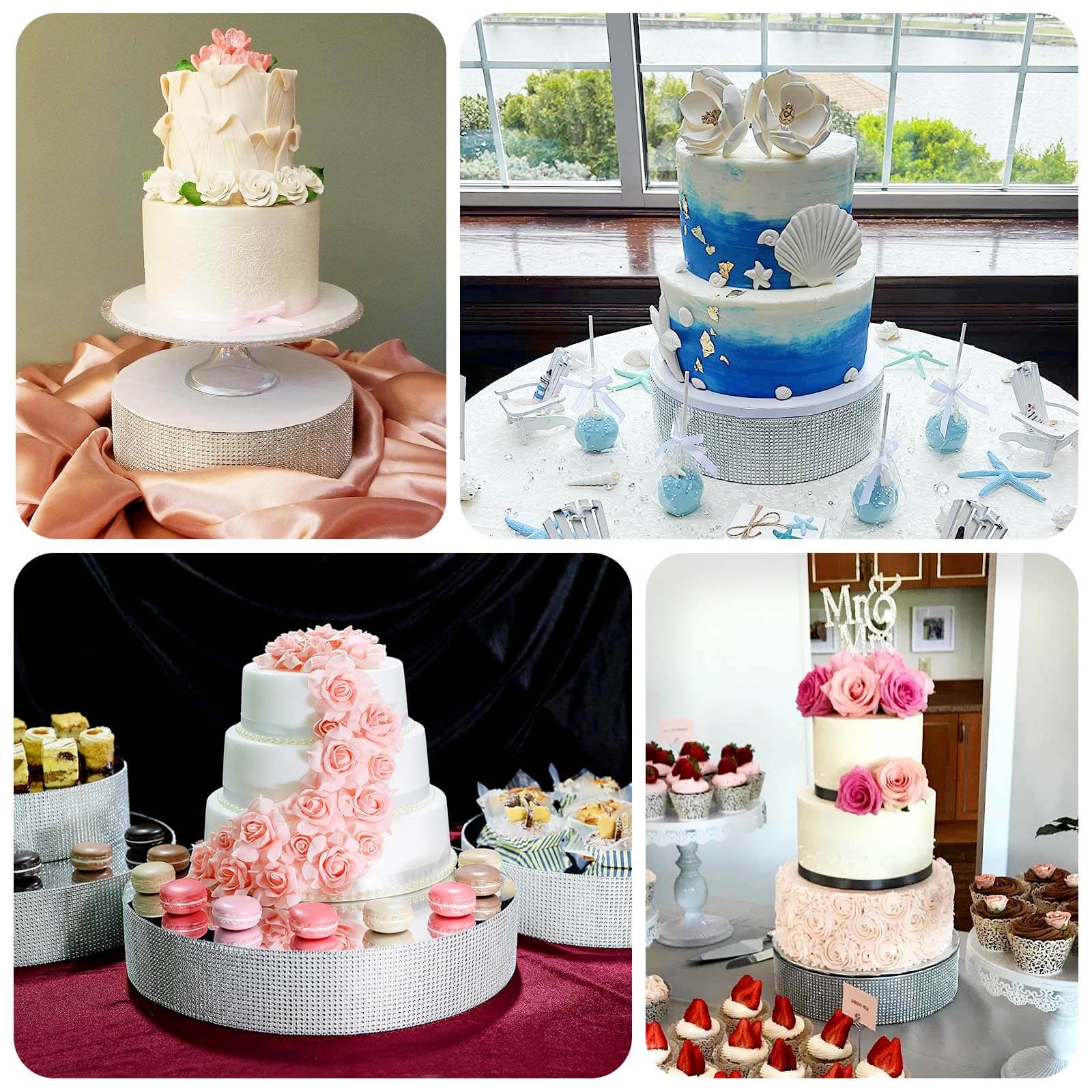 Metal Pedestal Cake Stand 14" Round Design with Rhinestones Silver - Cupcake Holder and Dessert Table Centerpiece - Image 5