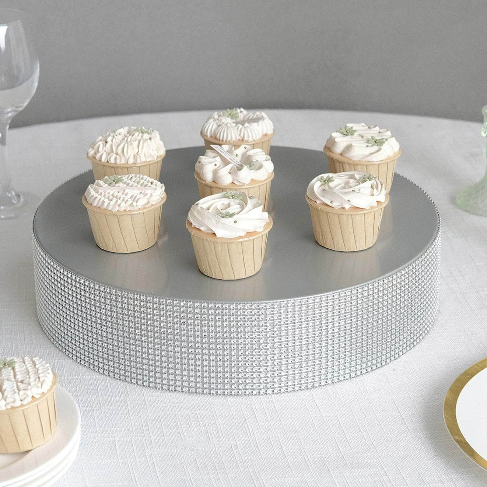 Metal Pedestal Cake Stand 14" Round Design with Rhinestones Silver - Cupcake Holder and Dessert Table Centerpiece - Image 6