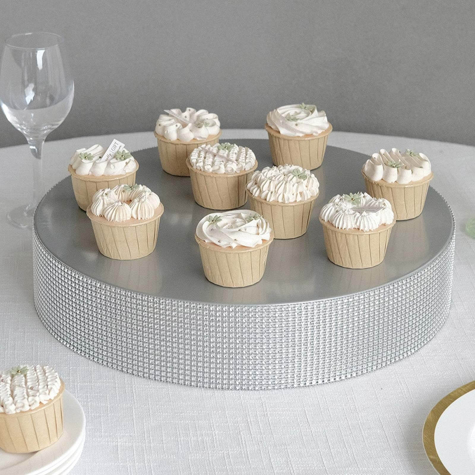 Metal Pedestal Cake Stand 16" Round Design with Rhinestones Silver - Cupcake Holder and Dessert Table Centerpiece - Image 6