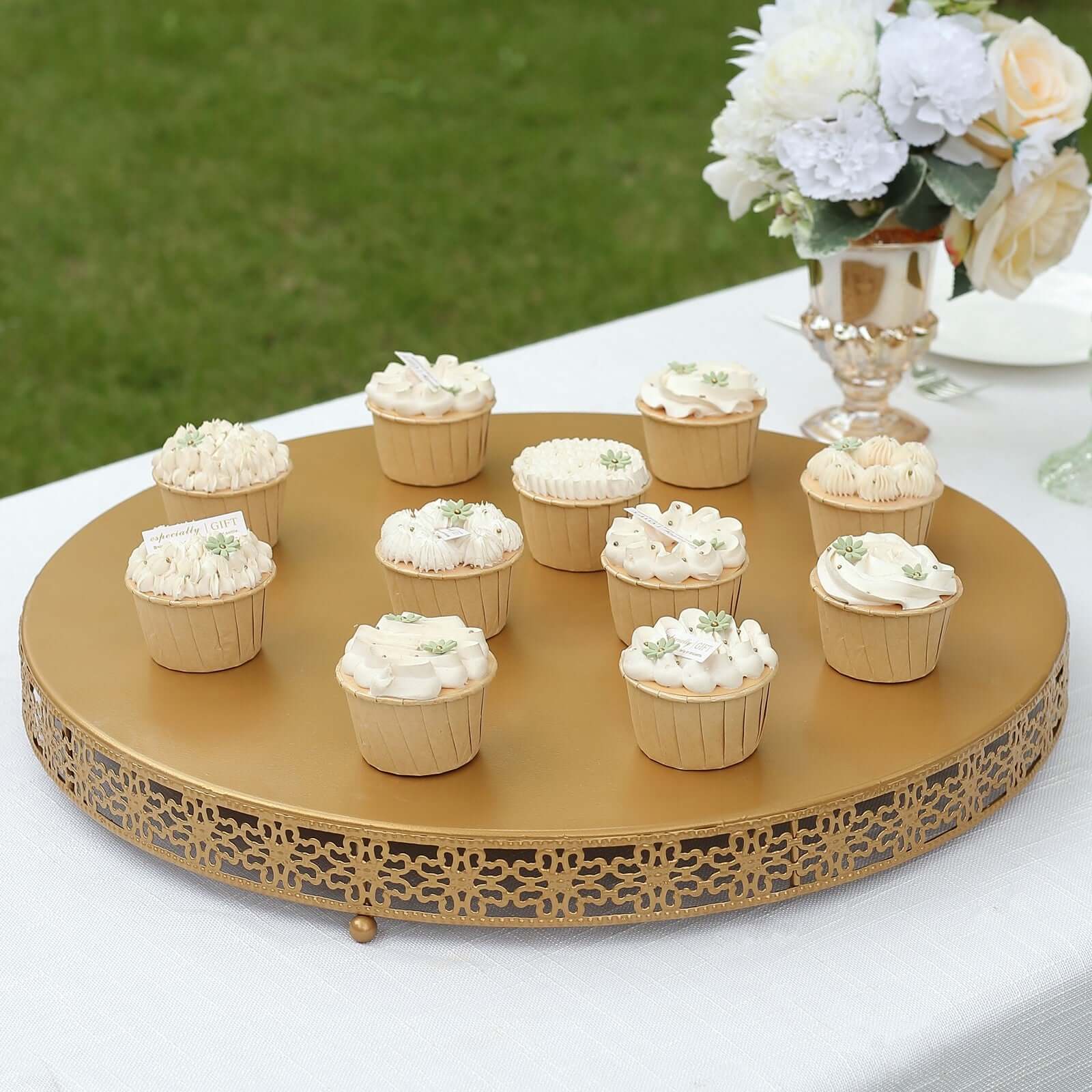 Metal Pedestal Cake Stand 20" Fleur De Lis Round Design Gold - Cupcake Dessert Display Table Centerpiece