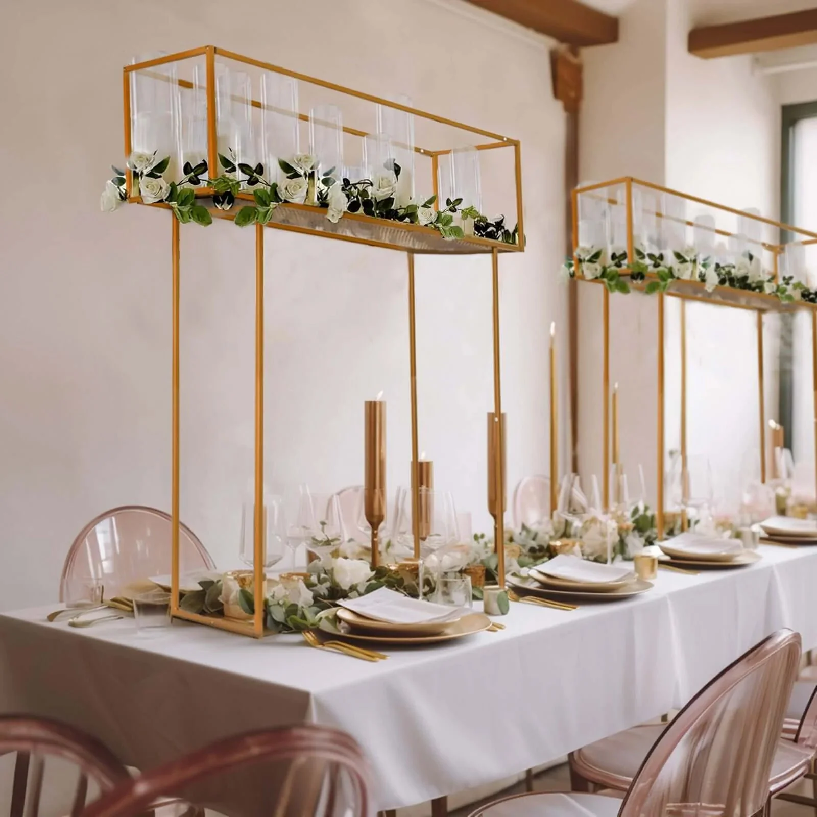 Metal Rectangular Centerpiece Stand 48" Gold Heavy Duty Design - Tabletop Floral Arrangement Display Rack - Image 2