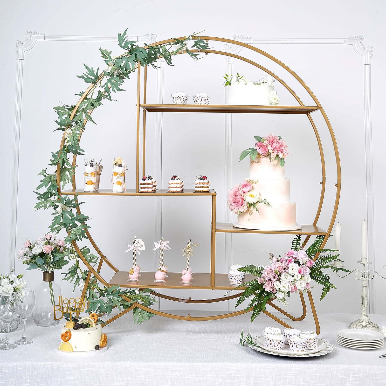 Metal Round Cake Dessert Display Stand 4ft Gold - Large Multi Functional Modern Bookcase Party Backdrop for Balloons Floral Installations & Event Decor - Image 2