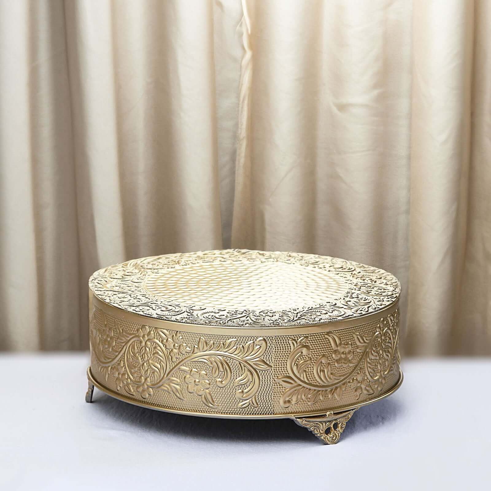 Metal Round Cake Pedestal Stand 14" Gold with Embossed Design - Decorative Matte Cupcake Display Riser Centerpiece Dessert Tray for Luxurious Event Styling