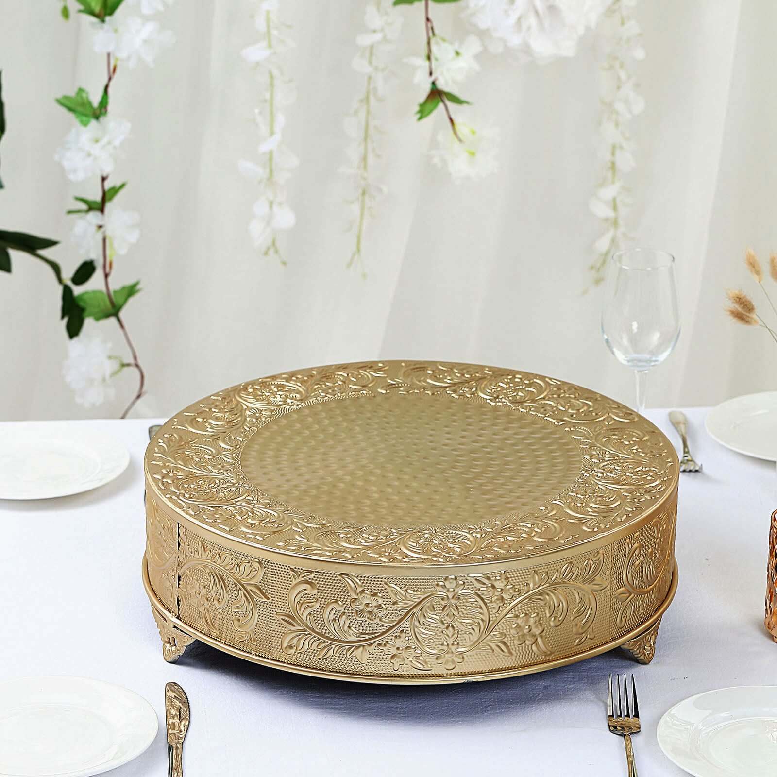 Metal Round Cake Pedestal Stand 14" Gold with Embossed Design - Decorative Matte Cupcake Display Riser Centerpiece Dessert Tray for Luxurious Event Styling - Image 8