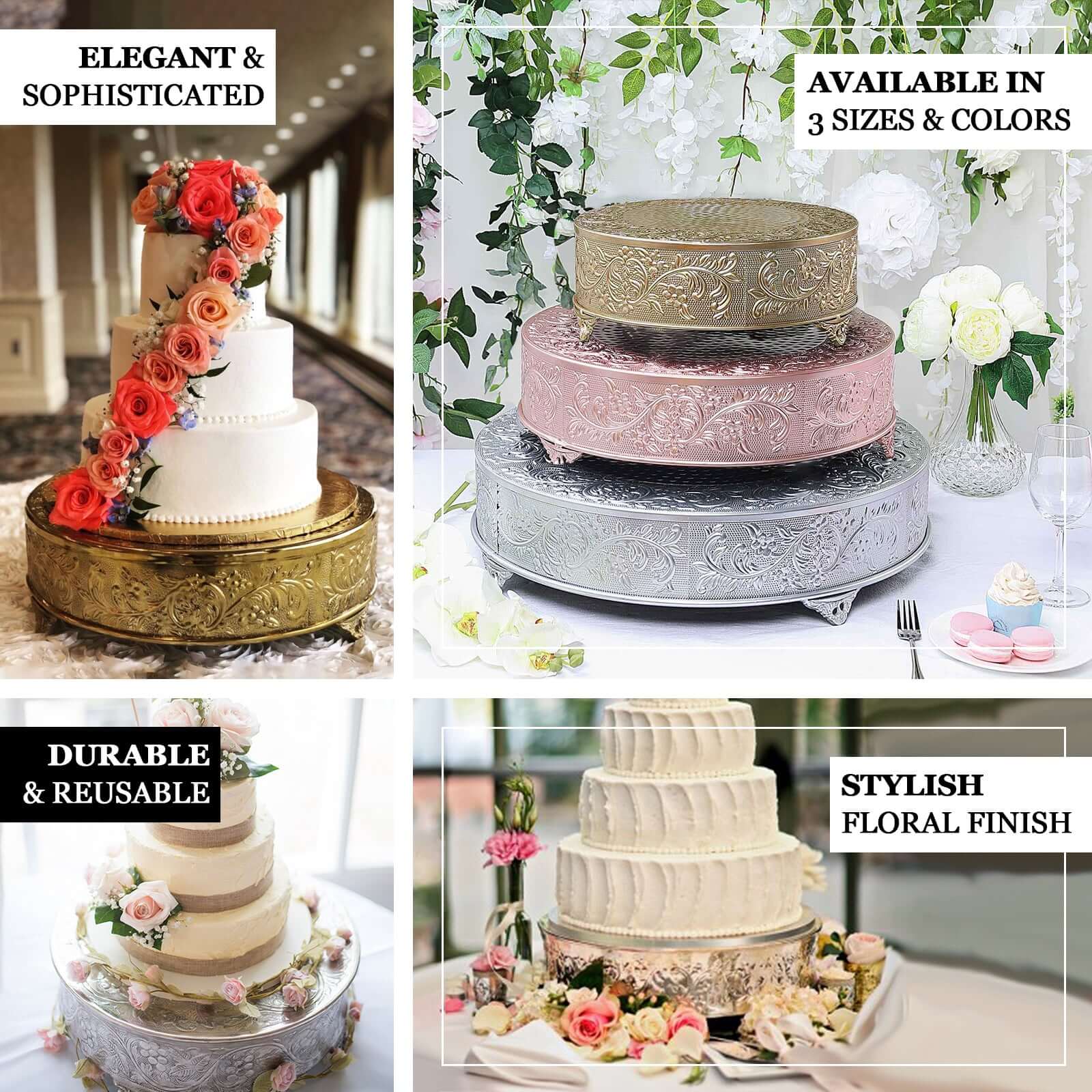Metal Round Cake Pedestal Stand 14" Silver with Embossed Design - Matte Cupcake Display Riser Centerpiece Dessert Tray - Image 4