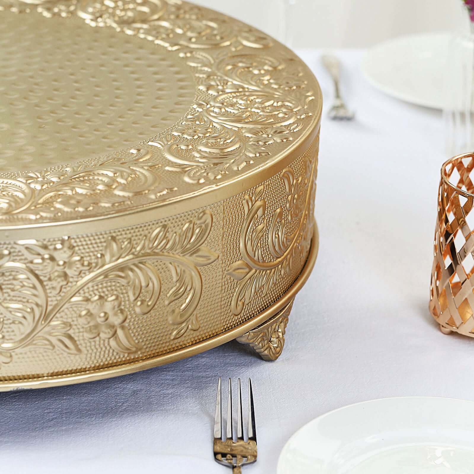 Metal Round Cake Pedestal Stand 18" Gold with Embossed Design - Decorative Matte Cupcake Display Riser Centerpiece Dessert Tray for Luxurious Event Styling - Image 8