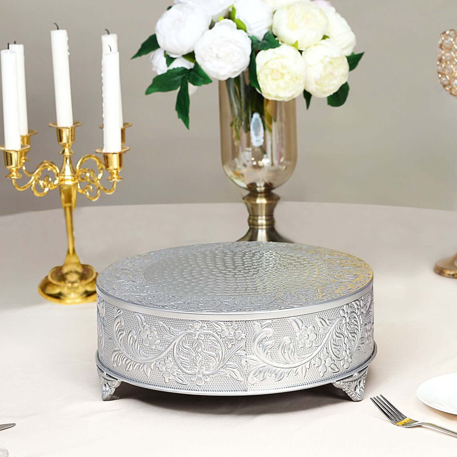 Metal Round Cake Pedestal Stand 18" Silver with Embossed Design - Matte Cupcake Display Riser Centerpiece Dessert Tray - Image 2