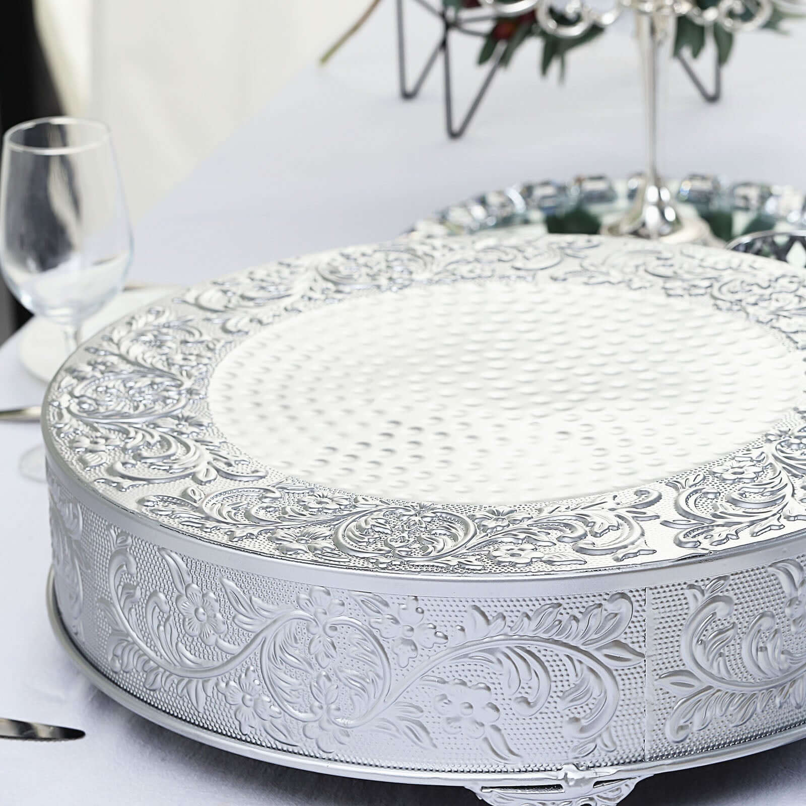 Metal Round Cake Pedestal Stand 18" Silver with Embossed Design - Matte Cupcake Display Riser Centerpiece Dessert Tray - Image 6