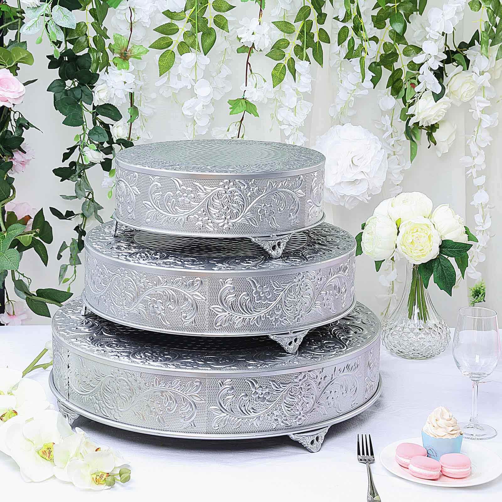 Metal Round Cake Pedestal Stand 18" Silver with Embossed Design - Matte Cupcake Display Riser Centerpiece Dessert Tray - Image 7