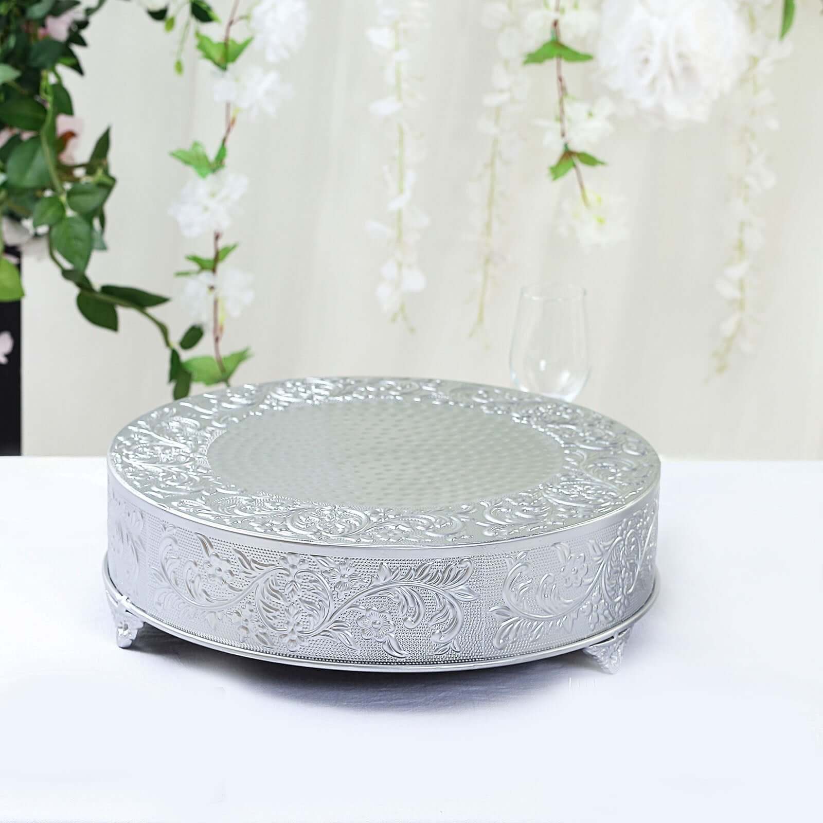 Metal Round Cake Pedestal Stand 18" Silver with Embossed Design - Matte Cupcake Display Riser Centerpiece Dessert Tray - Image 8
