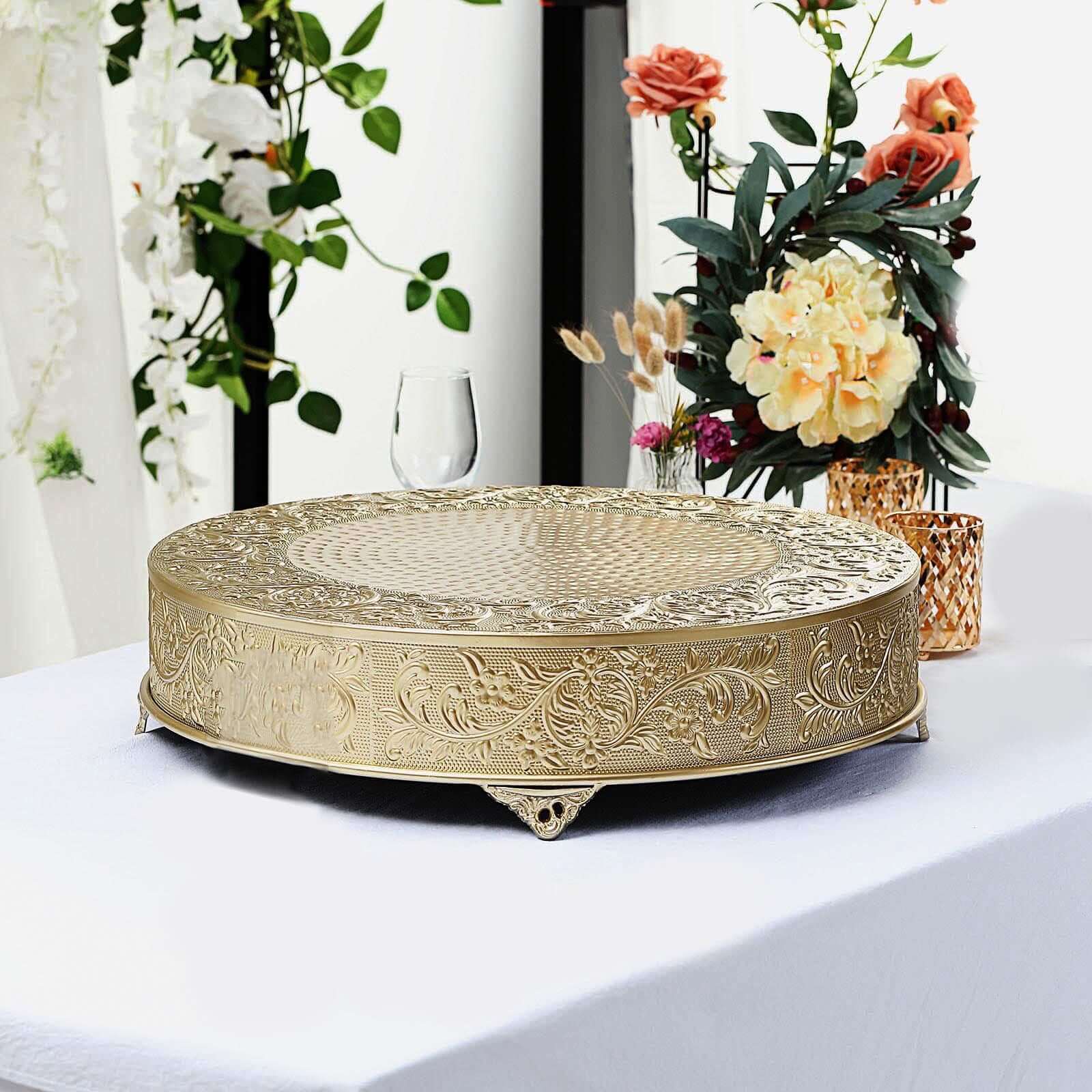 Metal Round Cake Pedestal Stand 22" Gold with Embossed Design - Decorative Matte Cupcake Display Riser Centerpiece Dessert Tray for Luxurious Event Styling