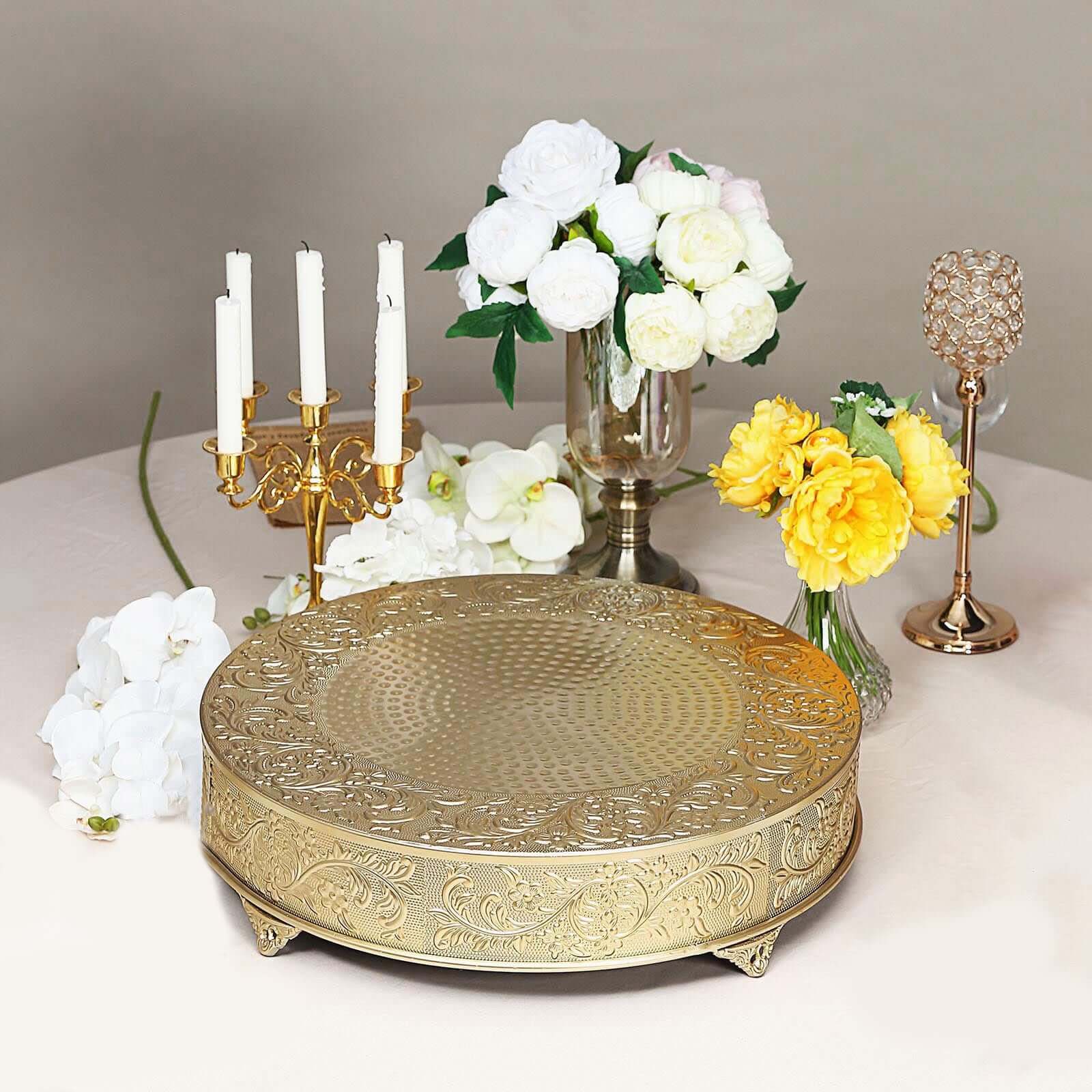 Metal Round Cake Pedestal Stand 22" Gold with Embossed Design - Decorative Matte Cupcake Display Riser Centerpiece Dessert Tray for Luxurious Event Styling - Image 6