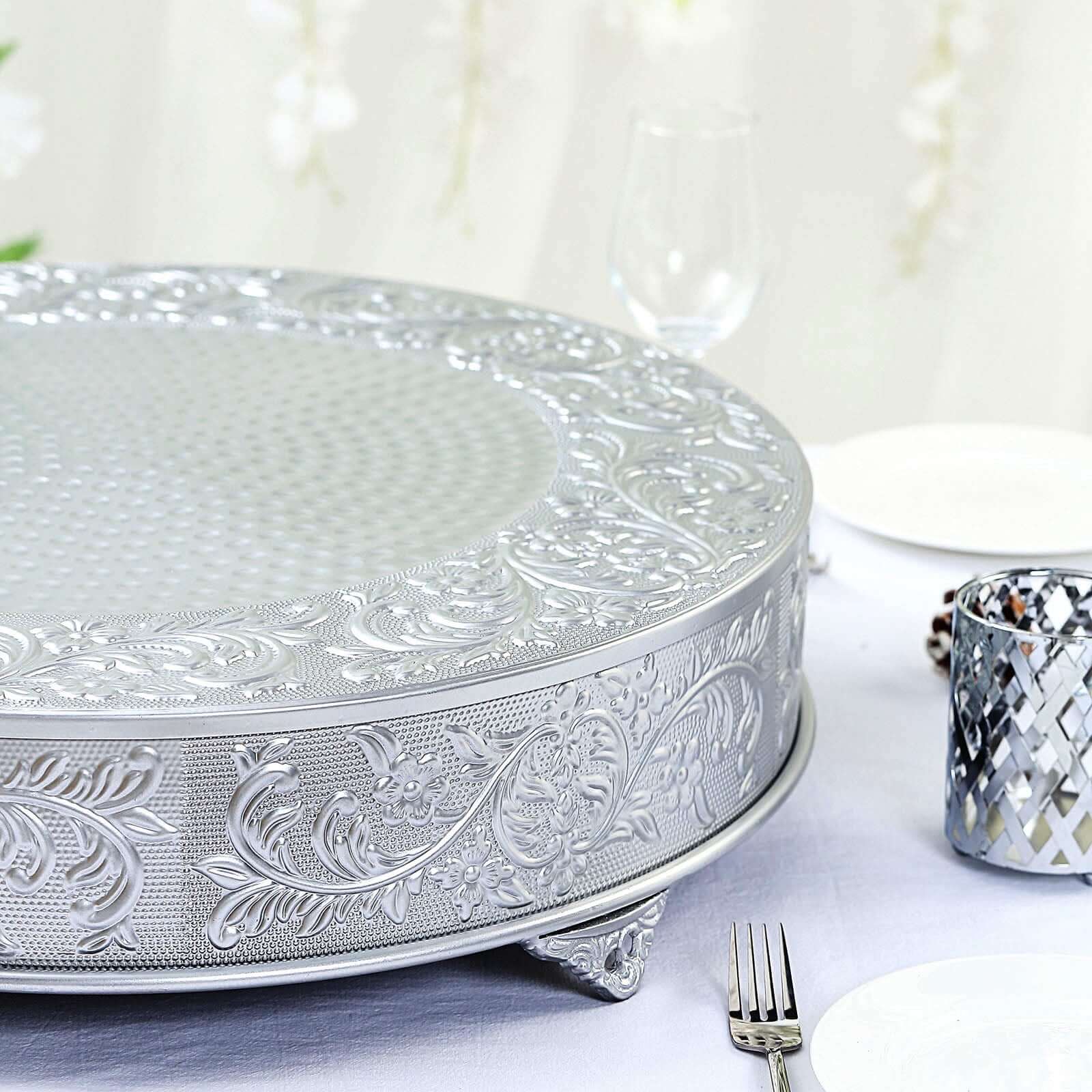 Metal Round Cake Pedestal Stand 22" Silver with Embossed Design - Matte Cupcake Display Riser Centerpiece Dessert Tray - Image 2