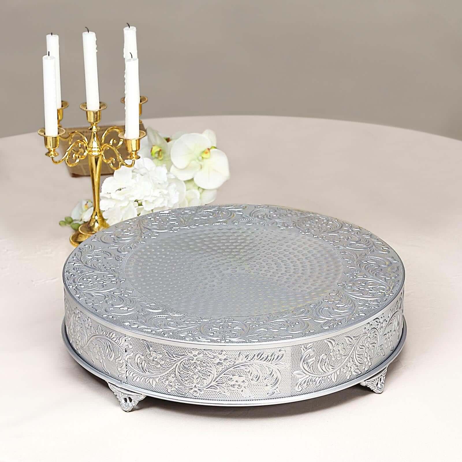Metal Round Cake Pedestal Stand 22" Silver with Embossed Design - Matte Cupcake Display Riser Centerpiece Dessert Tray - Image 6